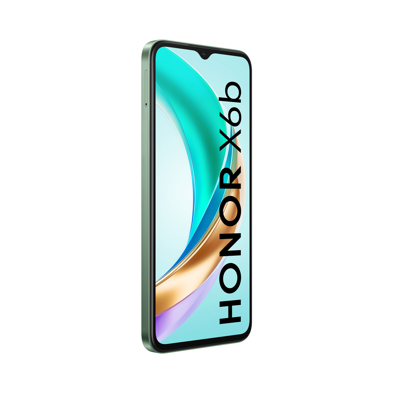 Teléfono verde con logo HONOR X6b en pantalla, sobre fondo negro.