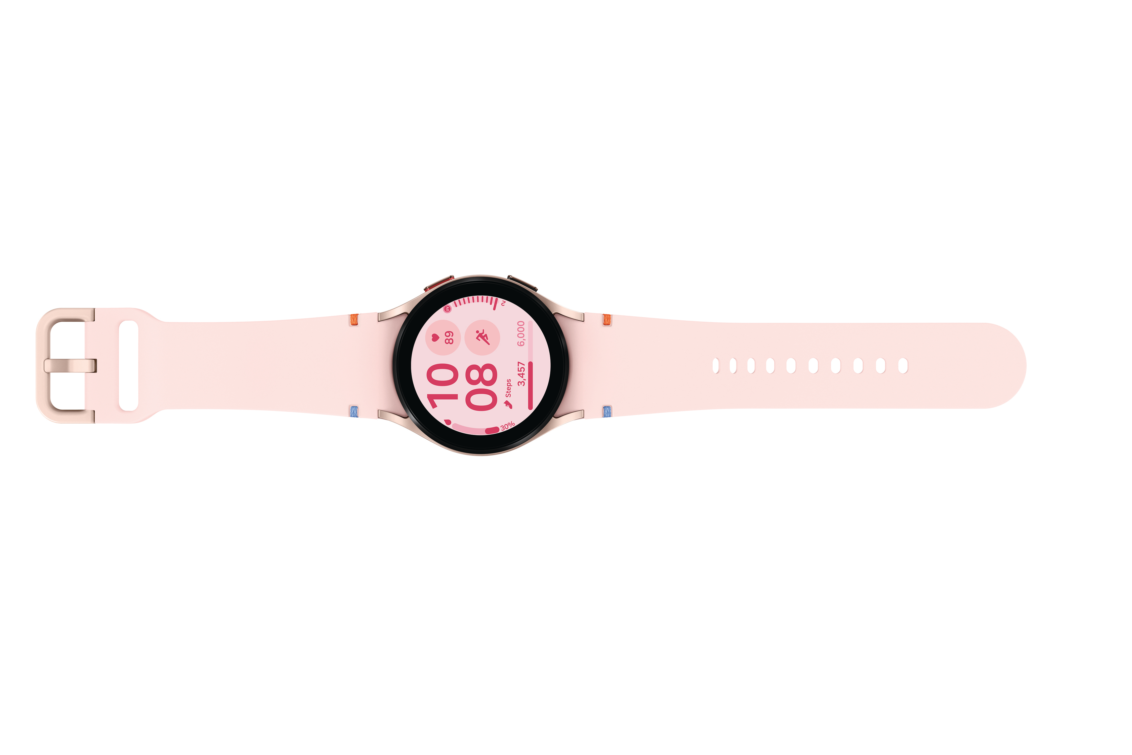Eine rosa Smartwatch mit rosa Armband, nach oben gerichtet.