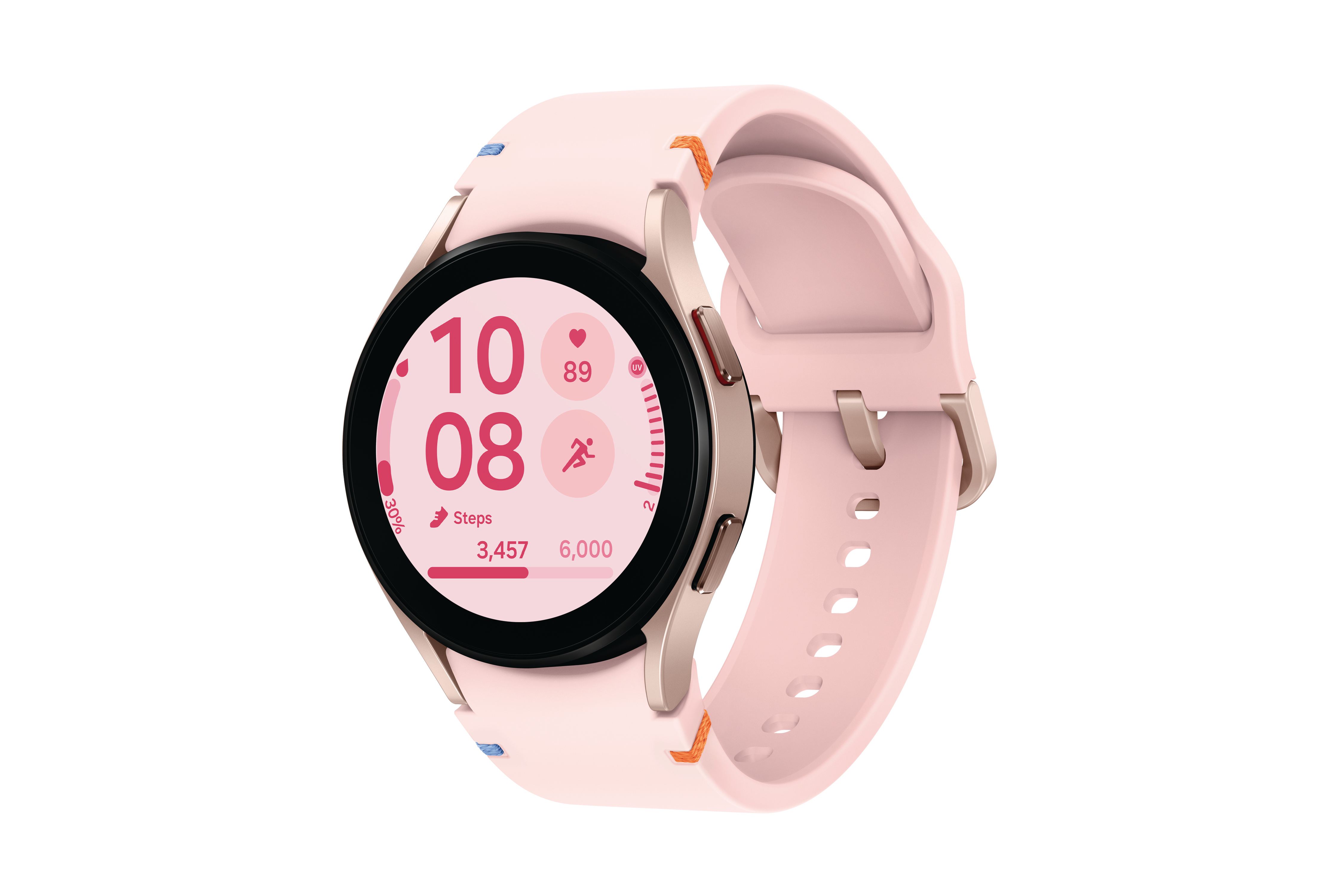 Eine rosa und goldene Smartwatch mit rundem Display, das die Uhrzeit und Gesundheitsmetriken anzeigt.