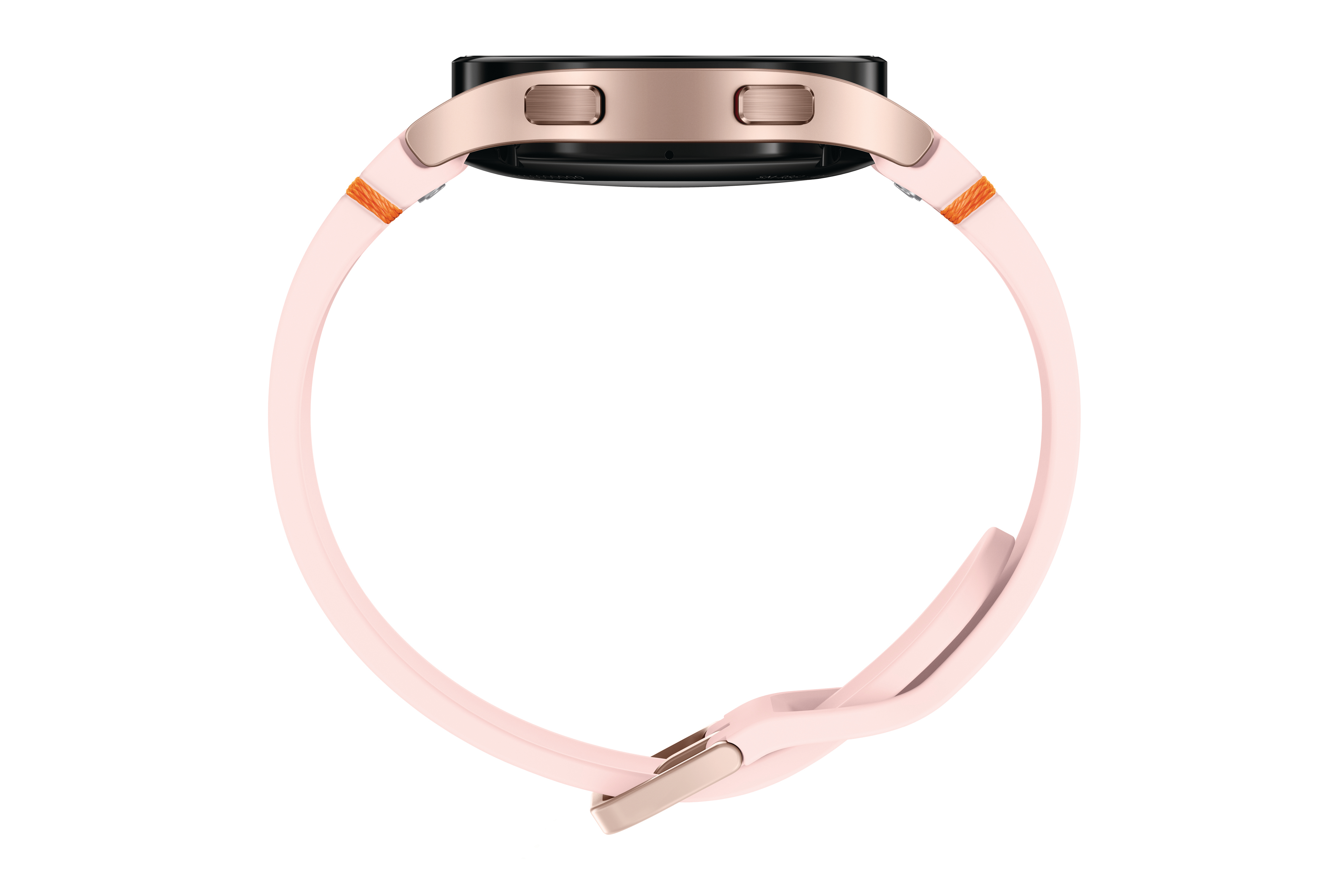 Eine roségoldene Smartwatch mit pinkfarbenem Armband. Die Uhr wird von der Seite betrachtet.