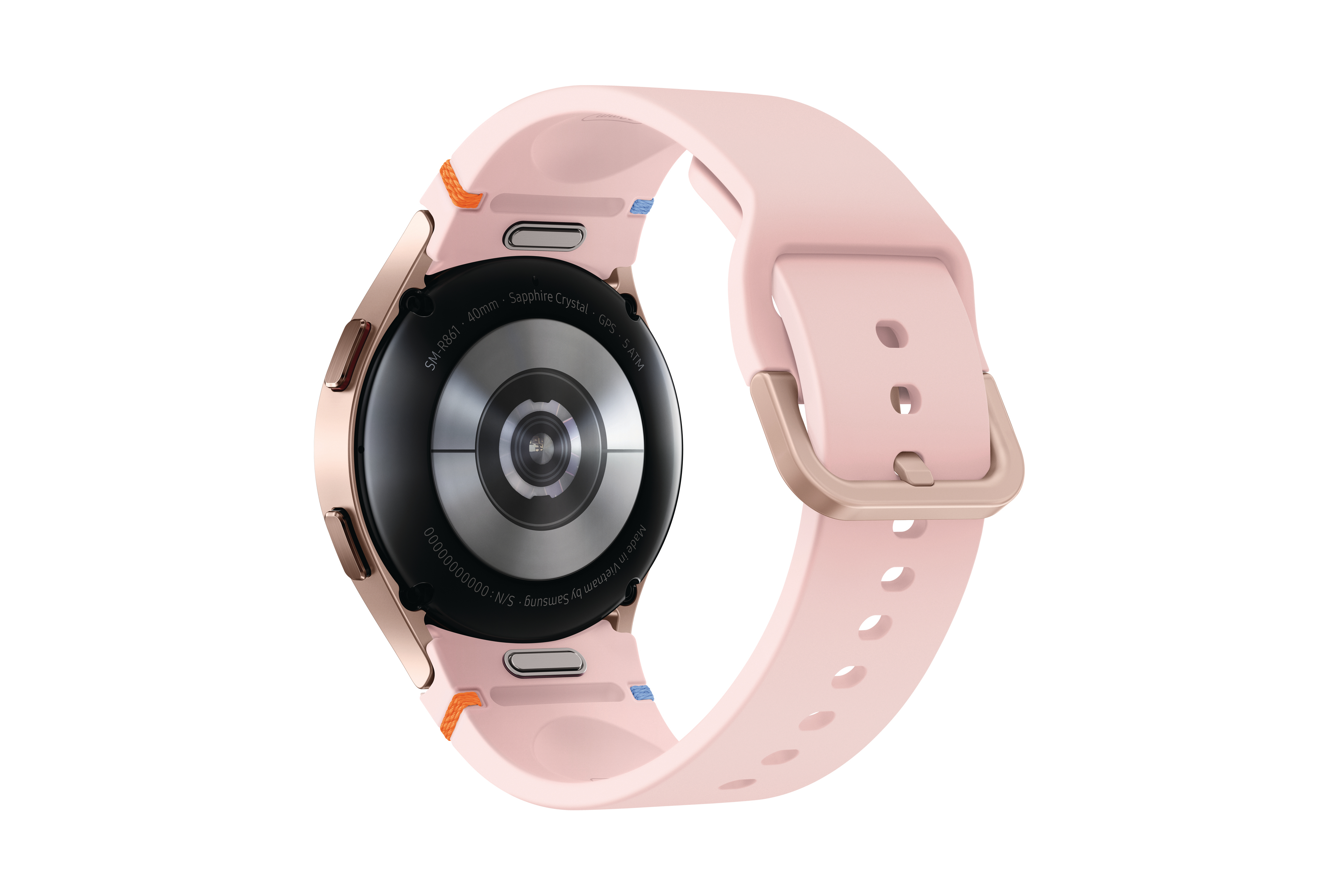 Rosafarbene Smartwatch mit rosa Armband. Die Rückseite zeigt Sensoren und Markendetails, auf weißem Grund.