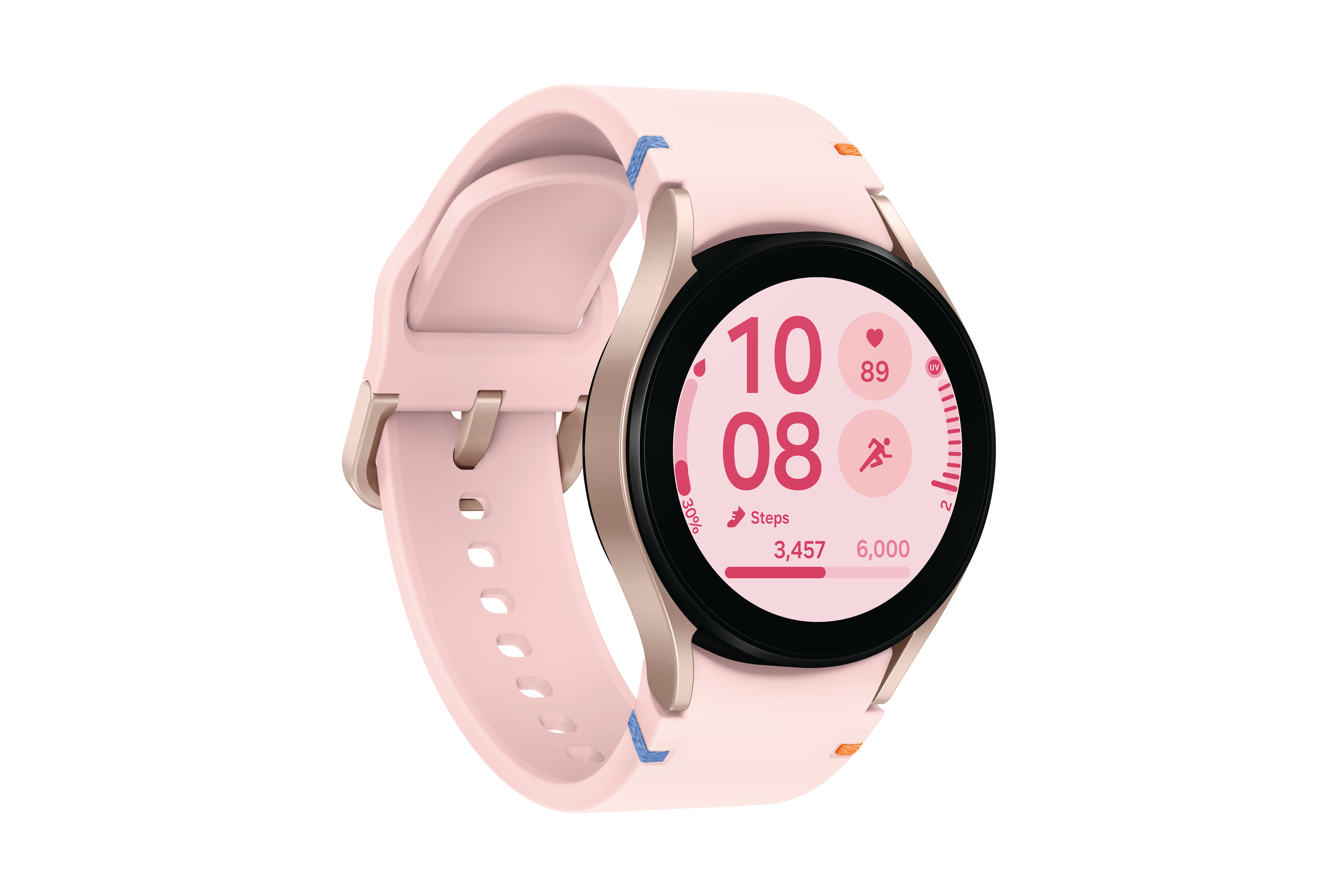 Eine rosa Smartwatch mit rundem Display, das Zeit- und Fitnessdaten anzeigt, auf weißer Oberfläche.
