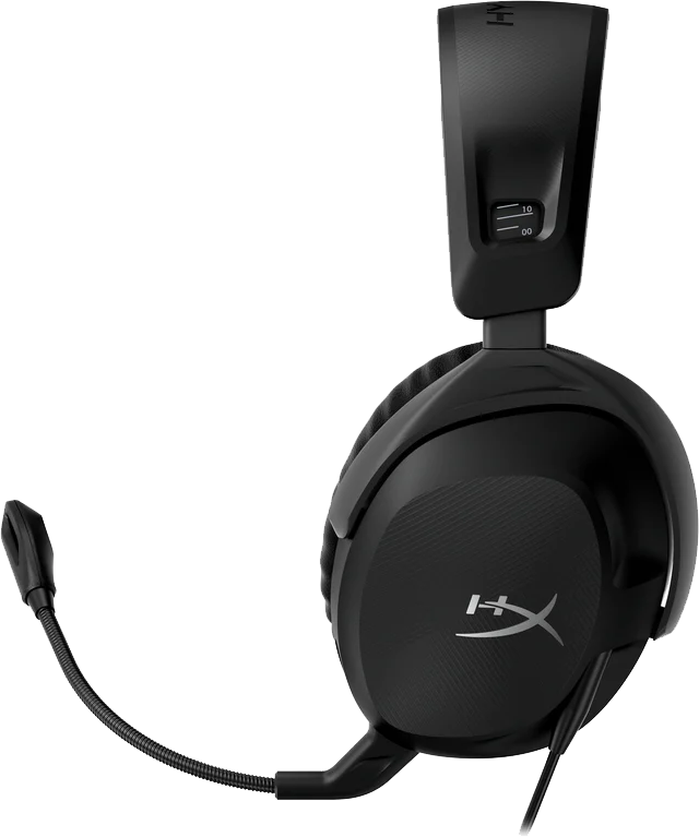 Fekete HyperX gamer headset mikrofonnal, oldalról nézve.