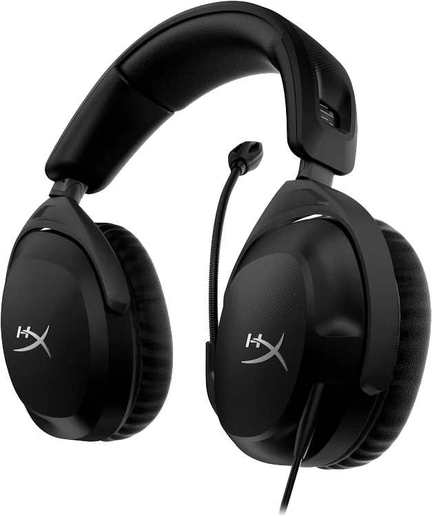Fekete gamer fejhallgató mikrofonnal és a HyperX logóval.