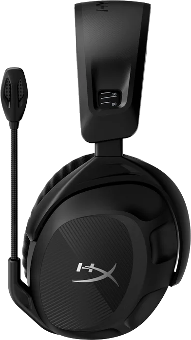 Fekete gamer headset mikrofonnal, fehér háttérrel.