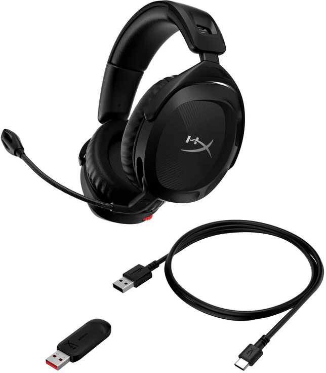 Fekete vezeték nélküli gamer headset tartozékokkal.