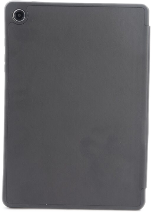 Dunkelgraues Tablet. Das Kameraobjektiv befindet sich oben. Die Rückseite ist glatt.
