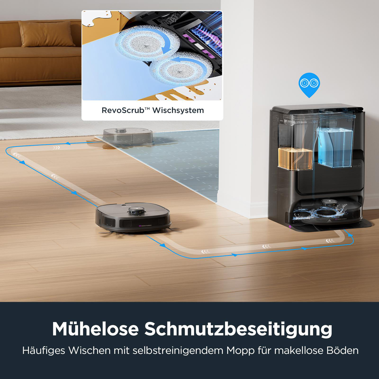 Roboter-Staubsauger reinigt auf Holzboden. Draufsicht zeigt den Reinigungspfad und die Dockingstation.
