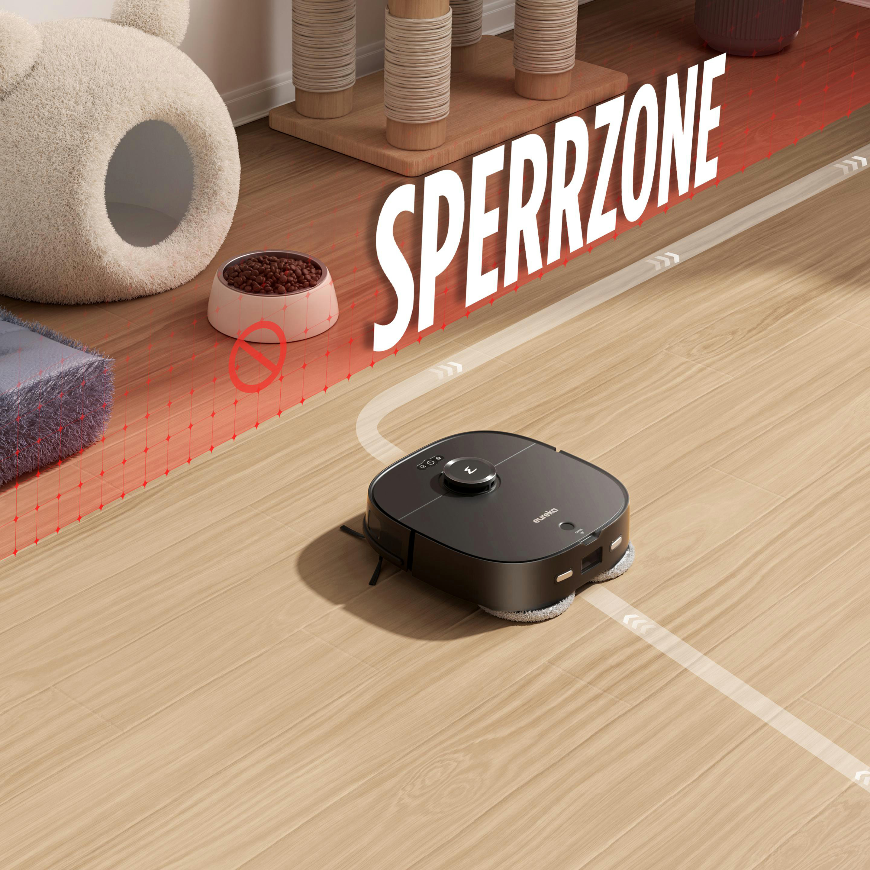 Ein schwarzer Roboter-Staubsauger auf Holzboden. Text: 'SPERRZONE'. Eine Katzenschüssel ist verboten.