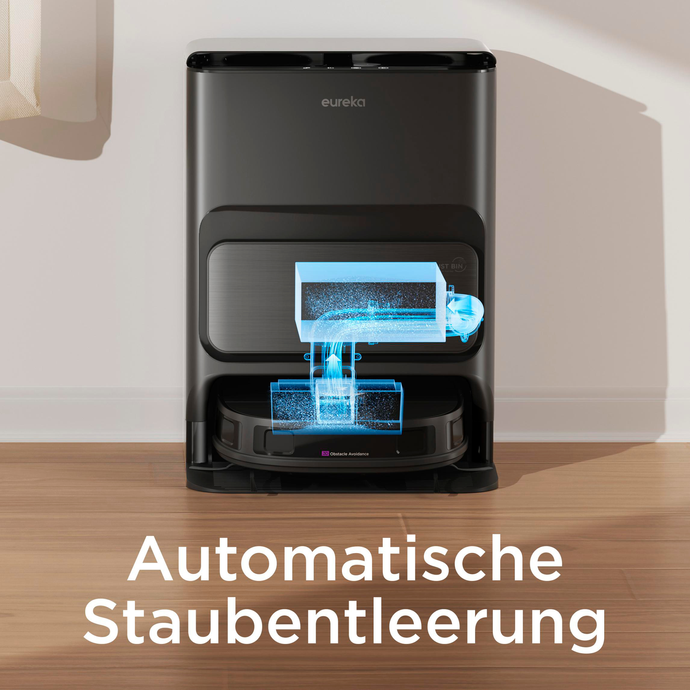 Ein schwarzer und silberner Eureka Staubsauger mit einer Abbildung des Reinigungsprozesses.