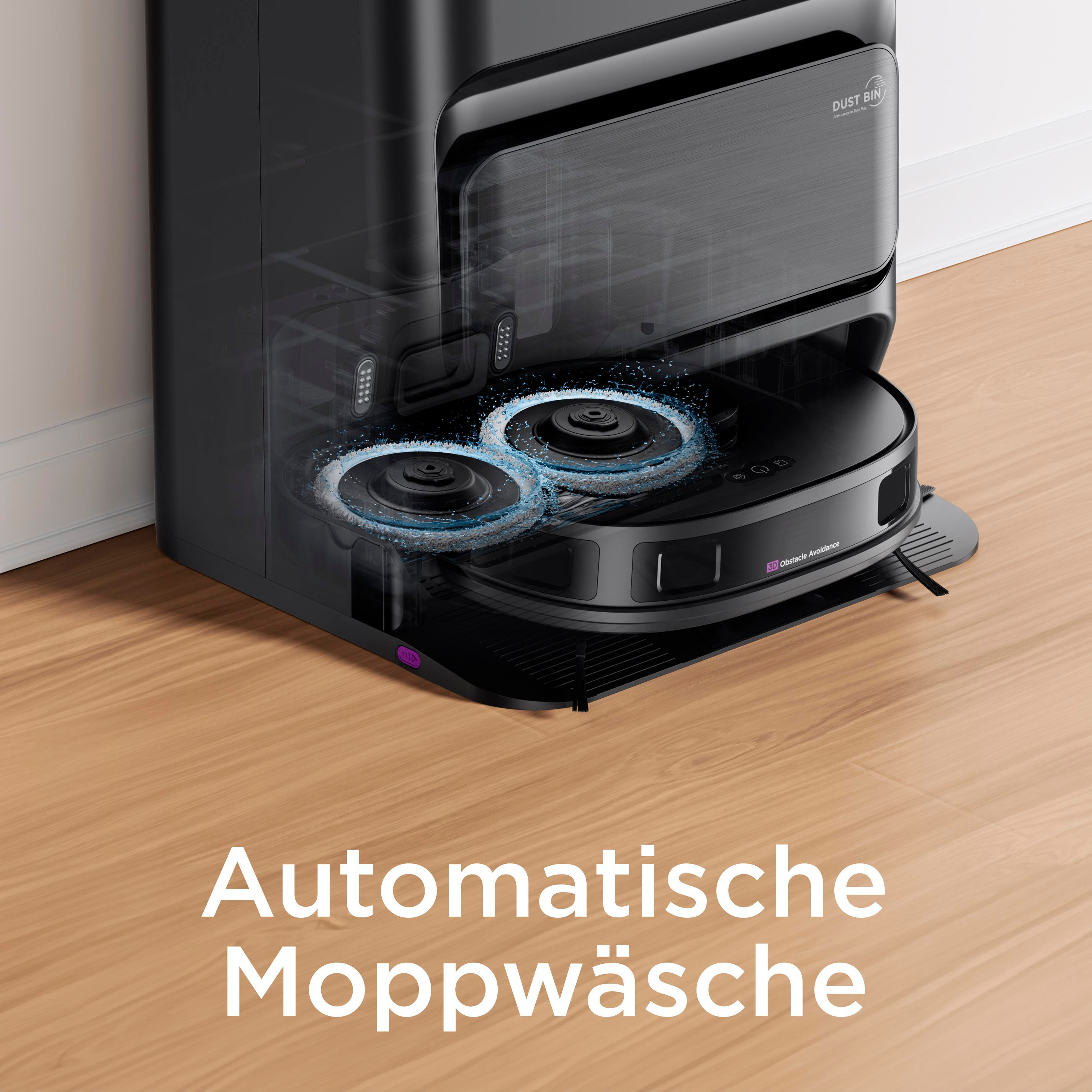 Ein schwarzer Roboterstaubsauger mit einer Selbstreinigungsstation.