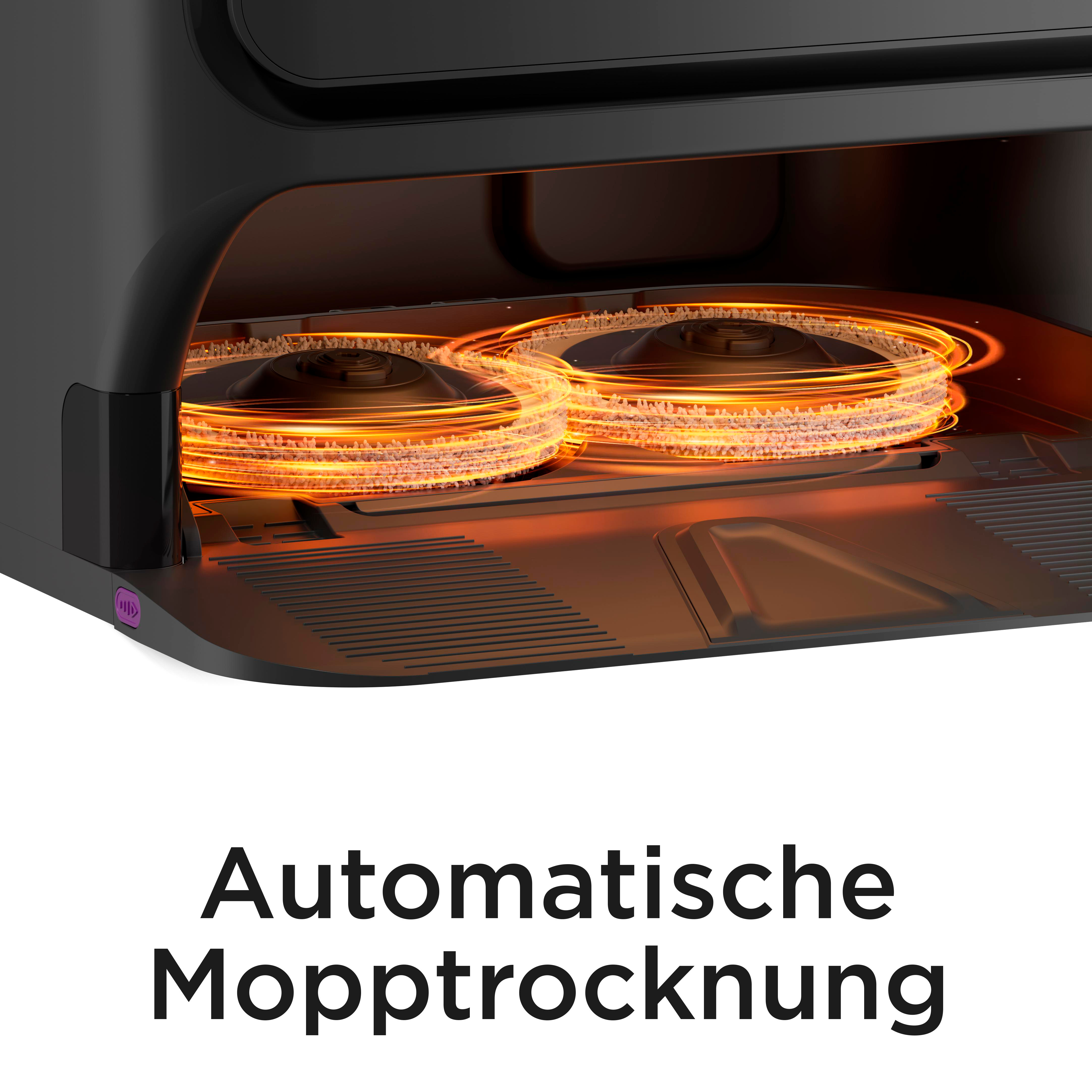 Nahaufnahme des Trocknungsmechanismus eines Reinigungsroboters mit orangefarbenen Glühspulen, Text darunter.
