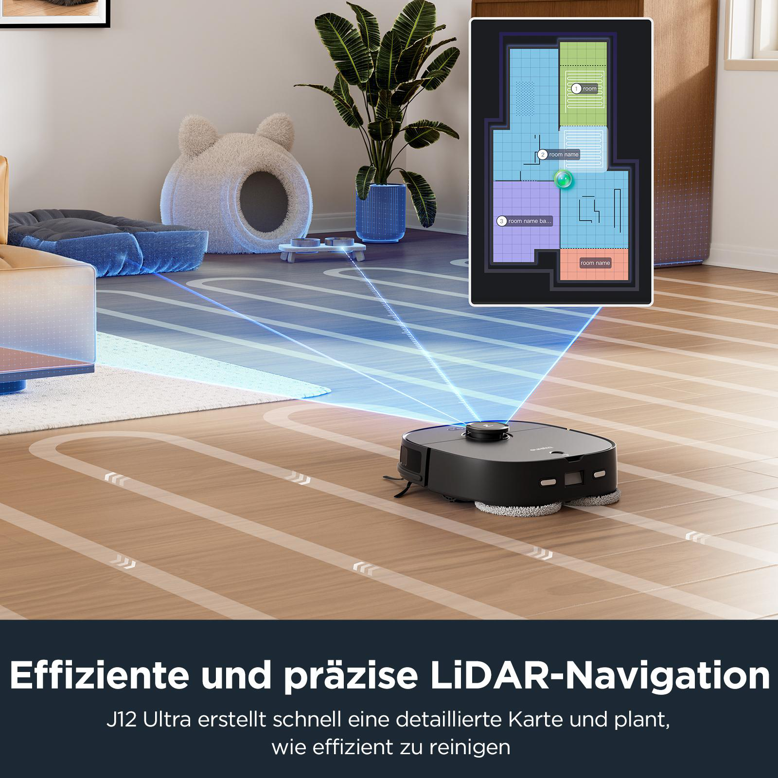 Roboter-Staubsauger auf Holzboden. Text: Effiziente und präzise LiDAR-Navigation.
