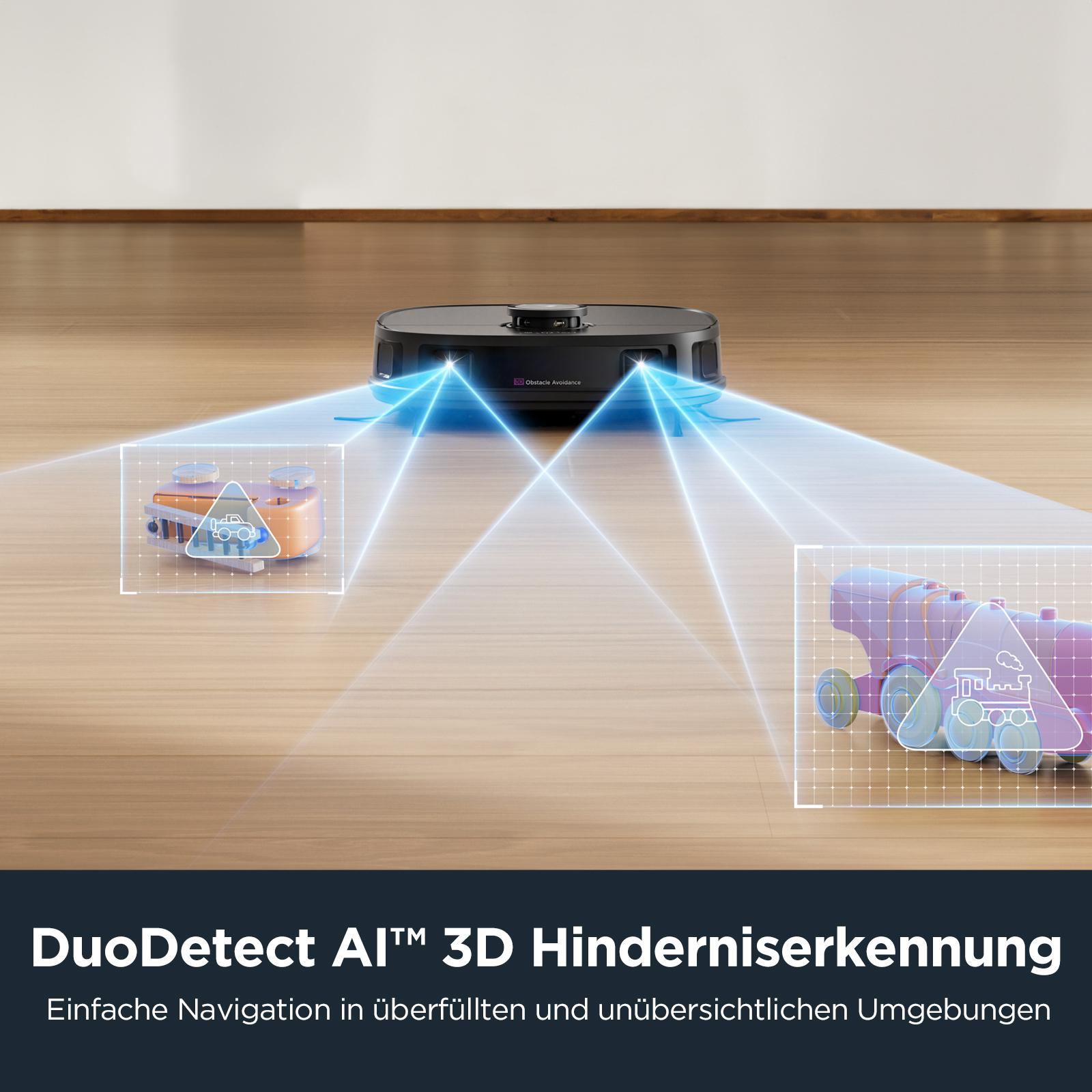 Schwarzer Roboterstaubsauger mit Linien, die Hinderniserkennung auf Holz zeigen.