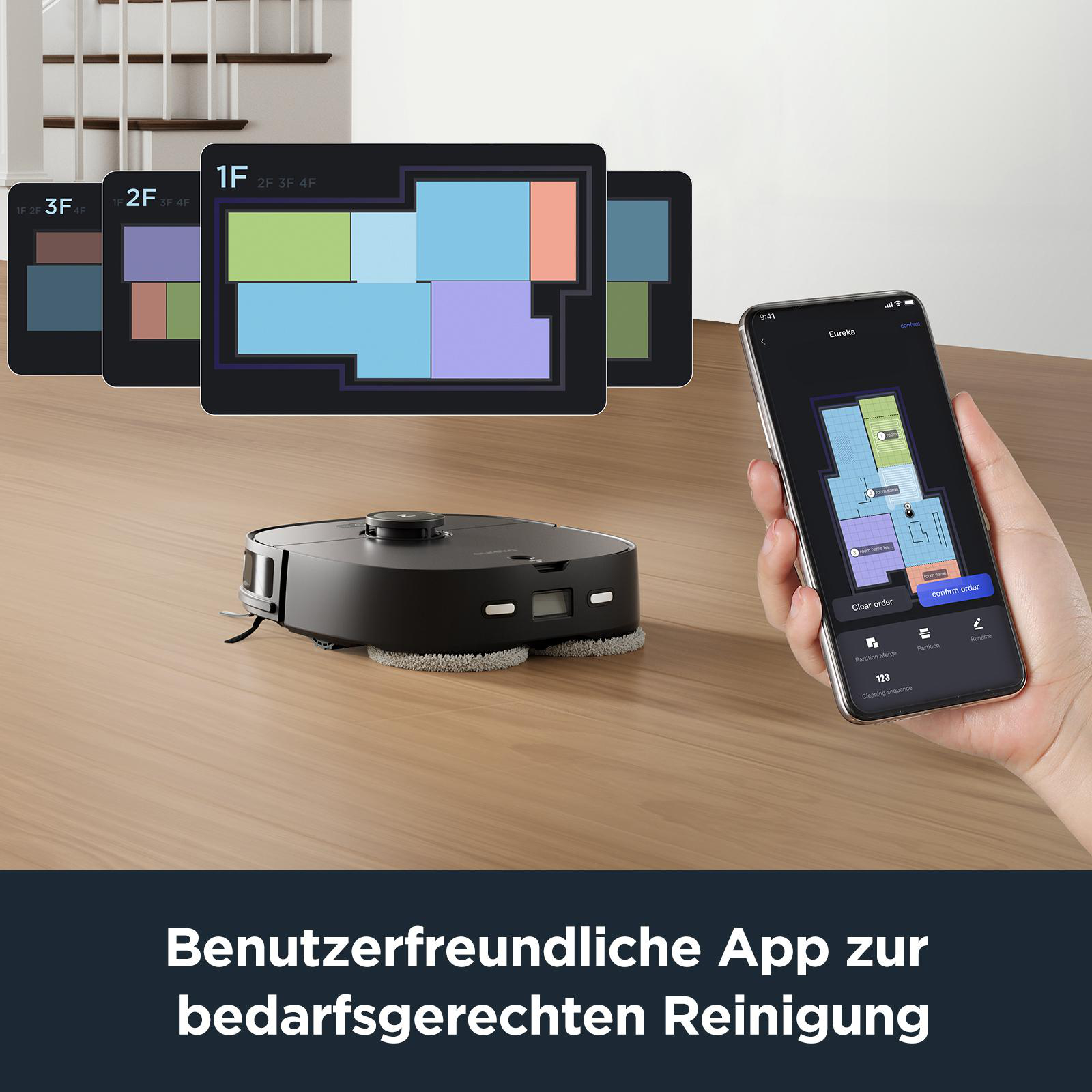 Ein Roboter-Staubsauger, ein Telefon mit Grundrissen und weitere Grundrisse.