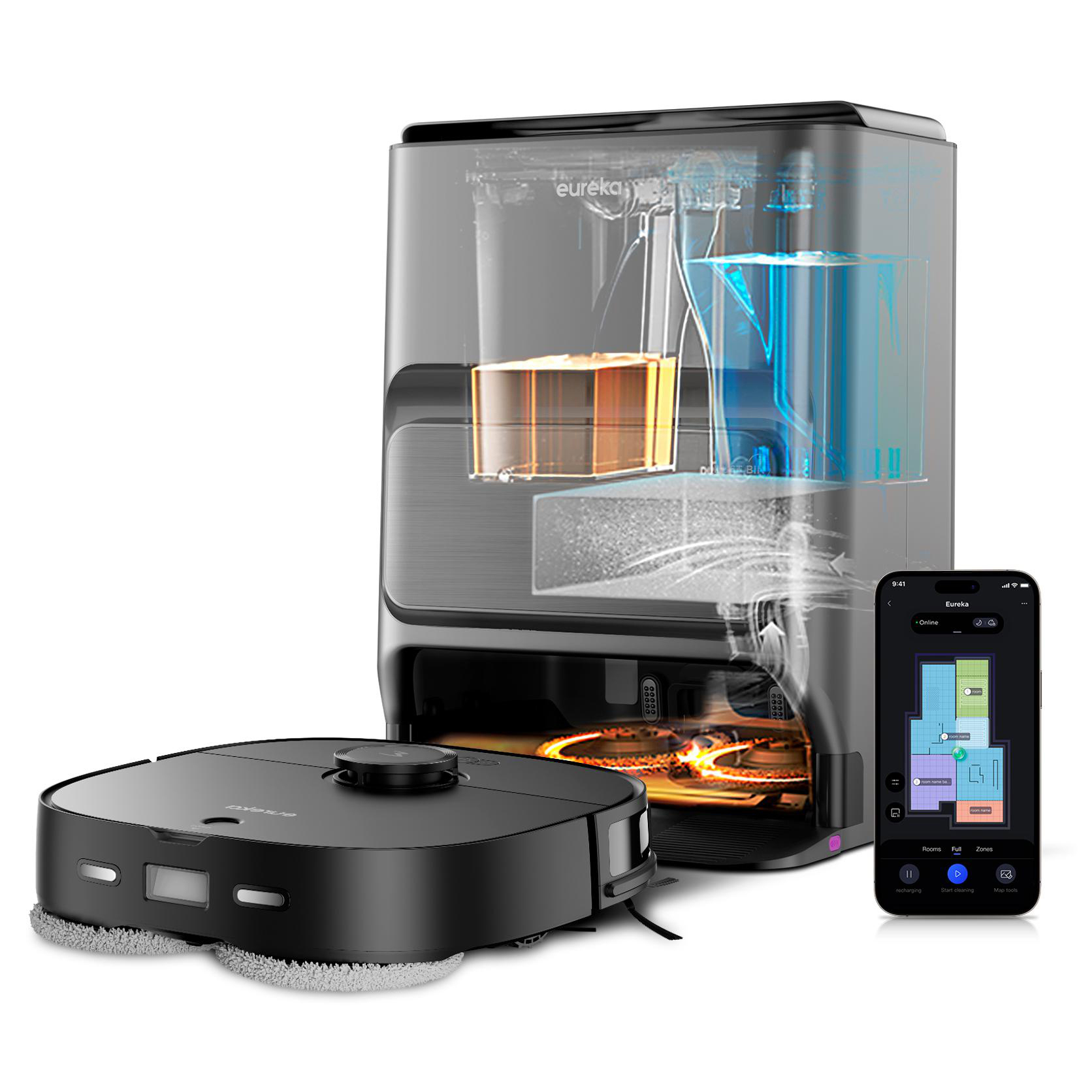 Roboter-Staubsauger mit Wassertank und Telefonschnittstelle.
