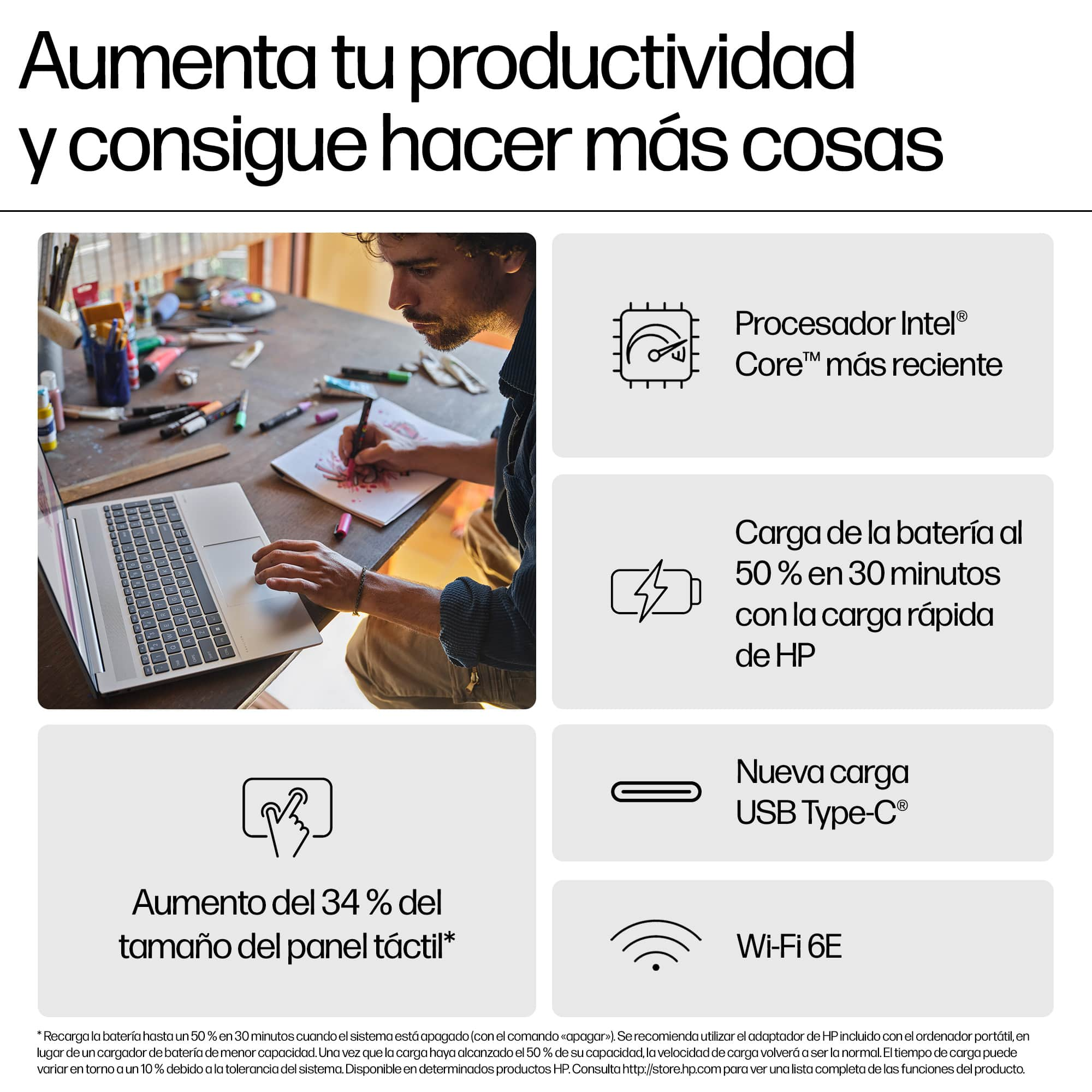 Hombre usando laptop con cuadros de texto; procesador, batería, panel táctil y carga USB-C.