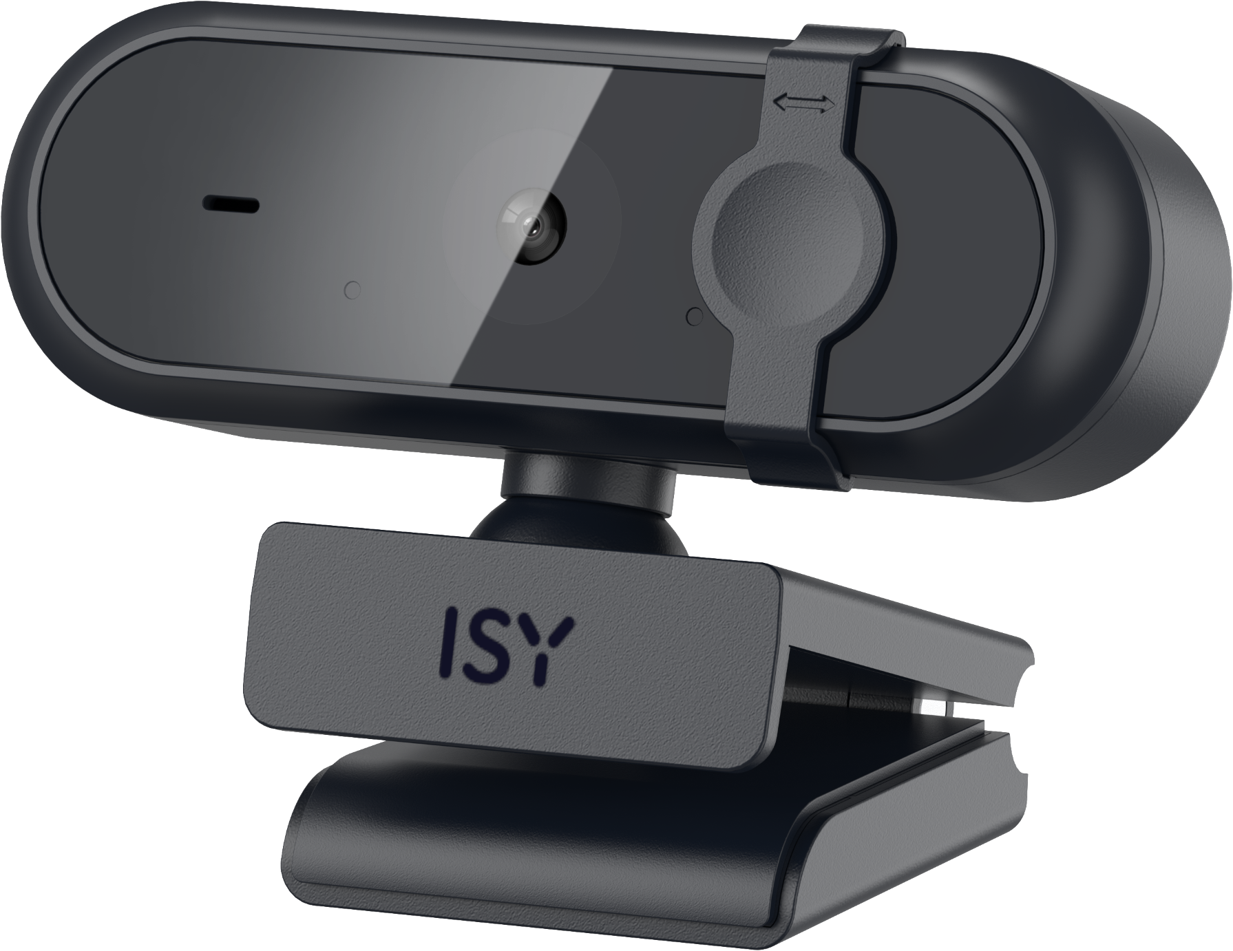 Webcam nera con supporto a clip. Ha un obiettivo e un piccolo microfono.