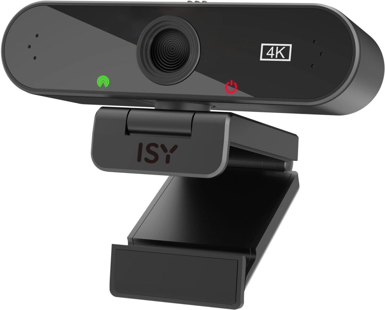 Une webcam noire avec une étiquette 4K. Elle a une lumière verte et rouge indiquant l'état.