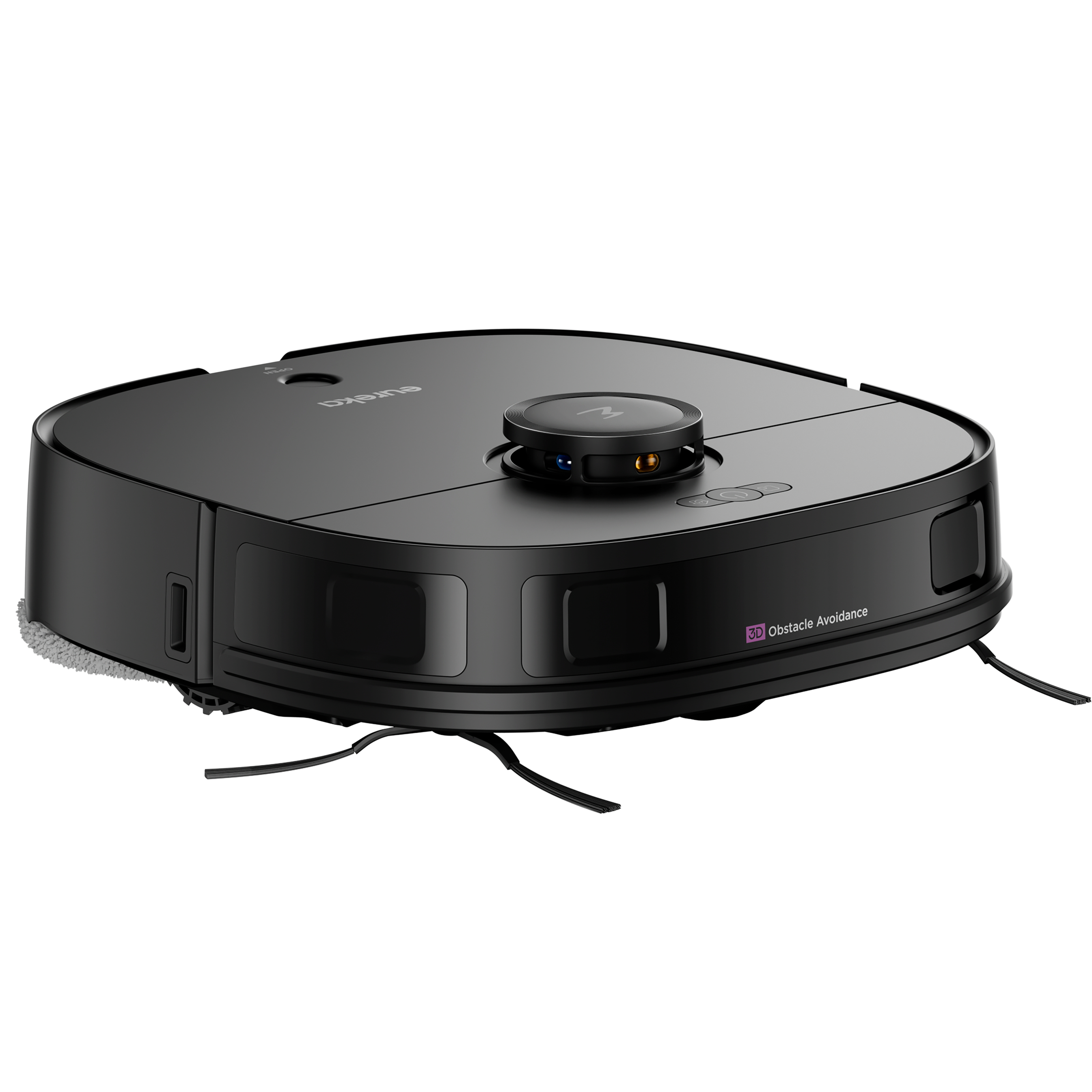 Ein schwarzer Roboter-Staubsauger von oben betrachtet, mit mehreren Sensoren und Bürsten.