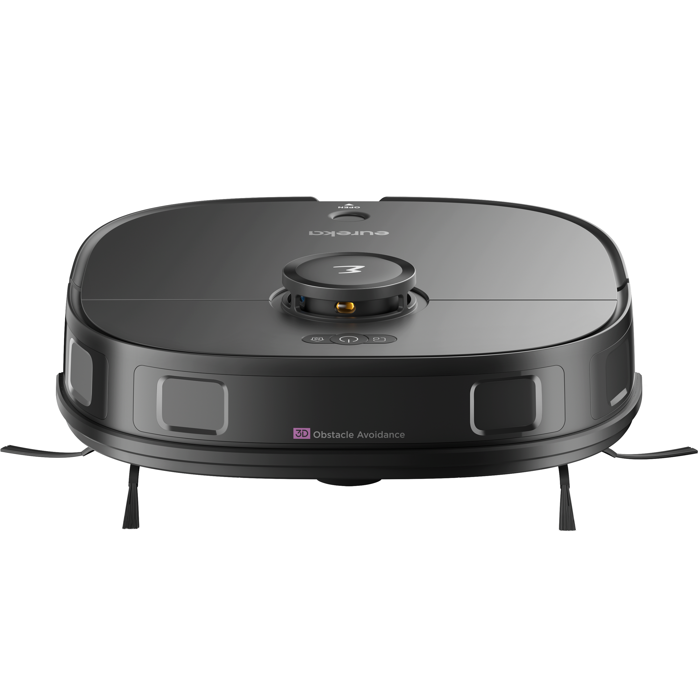 Schwarzer Roboter-Staubsauger. Draufsicht. Er hat Sensoren und Bürsten.