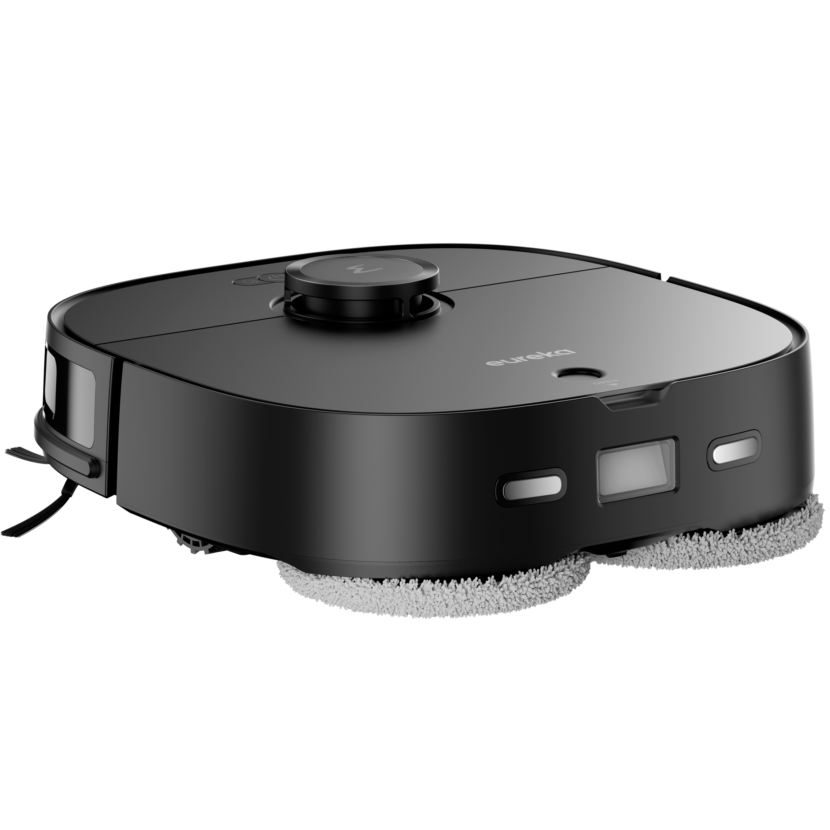 Ein schwarzer Eureka-Roboter-Staubsauger mit rundem Oberteil und einem grauen Reinigungspad.