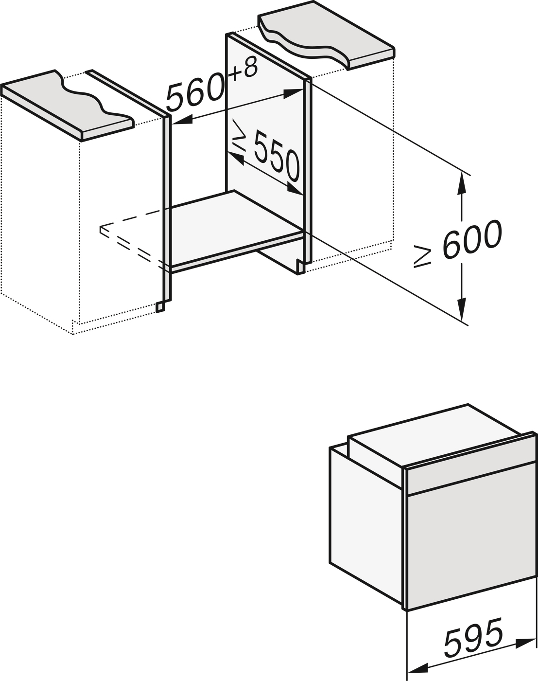 Diagramm eines Einbauofens mit Maßen in Millimetern, das einen Ausschnitt im Schrank und die Ofenplatzierung zeigt.