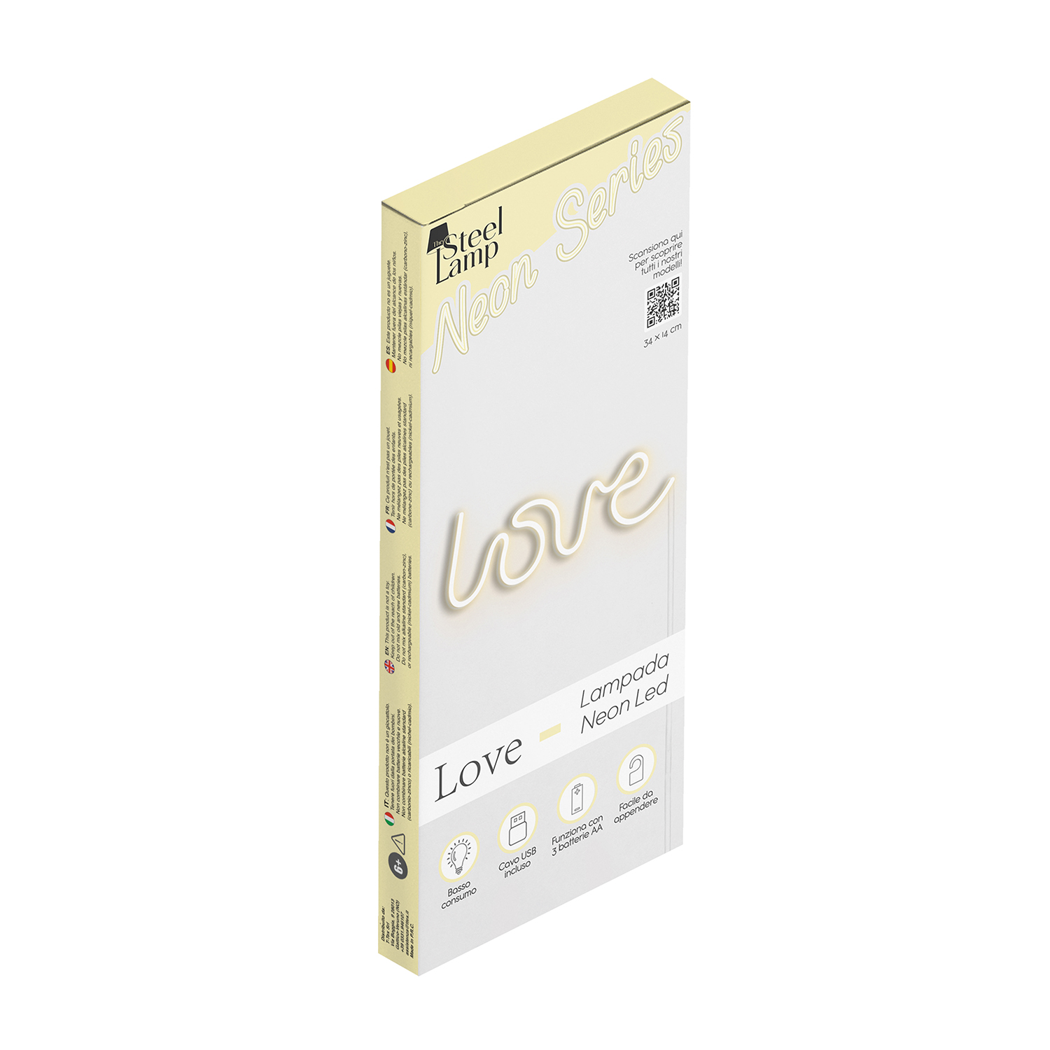 Una scatola di un'insegna al neon a forma di amore. Ha la parola amore in neon bianco e testo italiano.