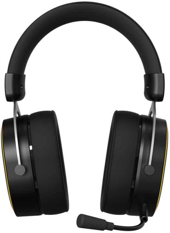 Casque de jeu noir avec microphone, sur fond blanc.