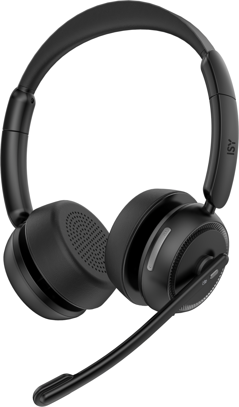 Casque noir avec microphone. Les écouteurs sont ovales. Le microphone est du côté gauche.