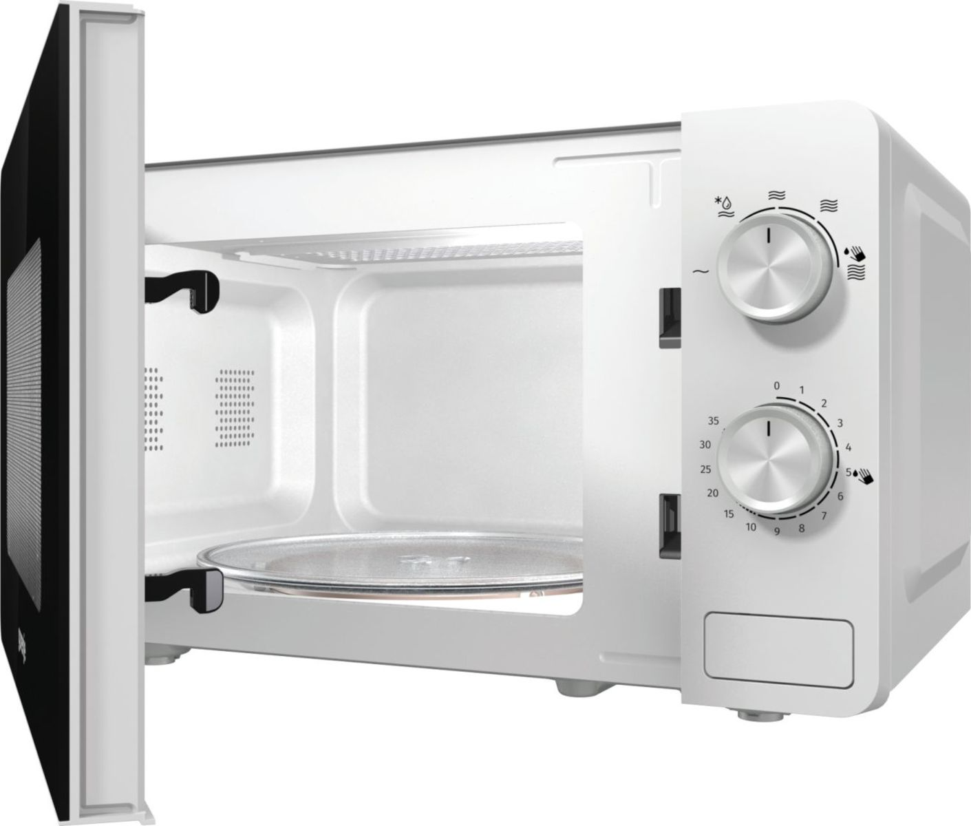 Biała kuchenka mikrofalowa z otwartymi drzwiami, widoczne wnętrze.