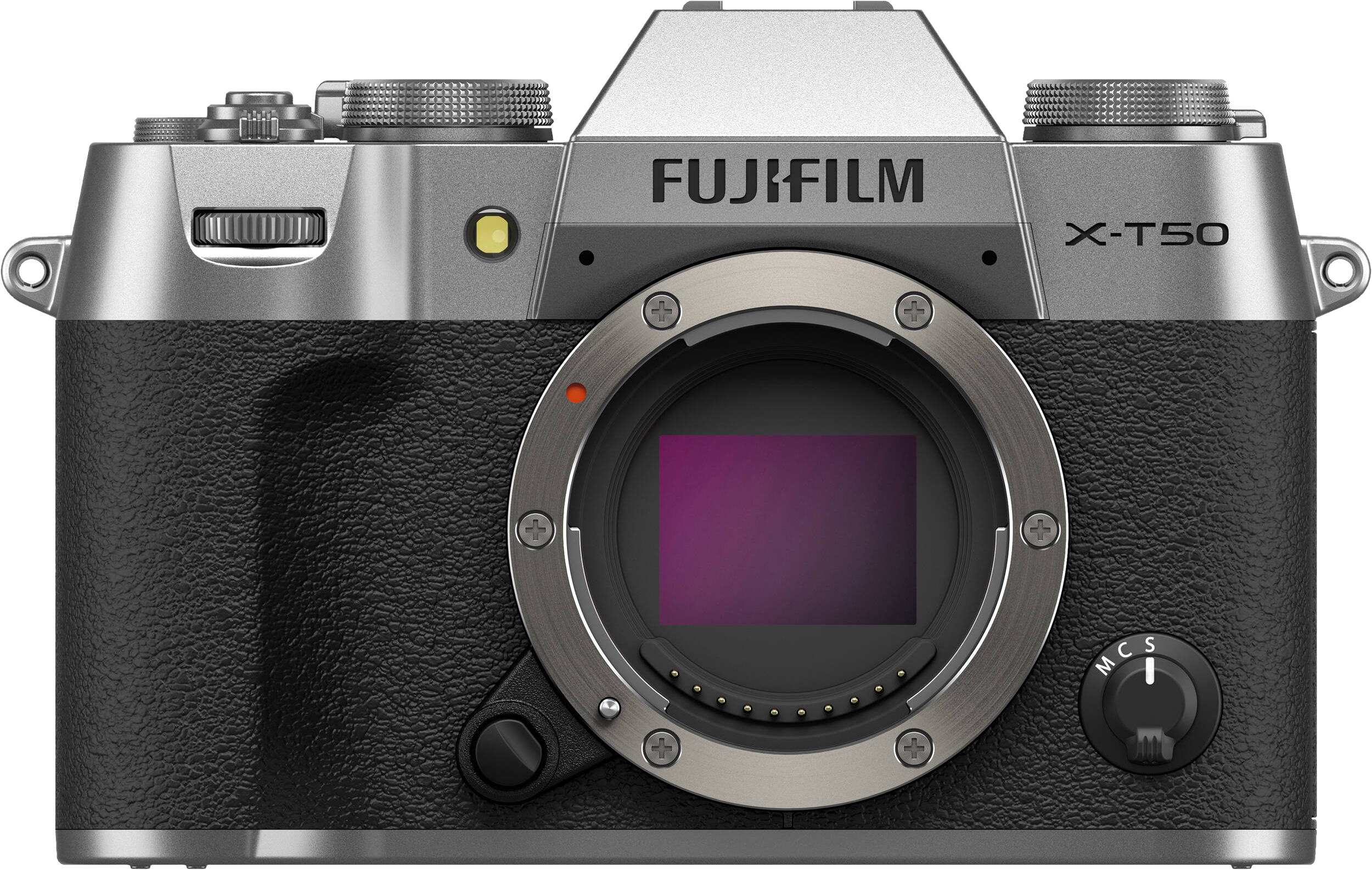 Silber-schwarze Fujifilm X-T50 Kamera mit Objektiv, schwarzem Ledergriff und rotem Punkt.