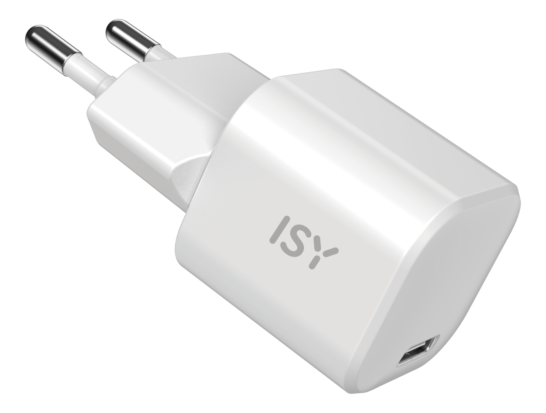 Caricabatterie per telefono bianco. Logo ISY sul davanti. Due spine e una porta USB sono visibili.