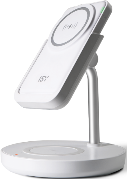 Un supporto di ricarica wireless bianco con un telefono sopra, su una superficie bianca.