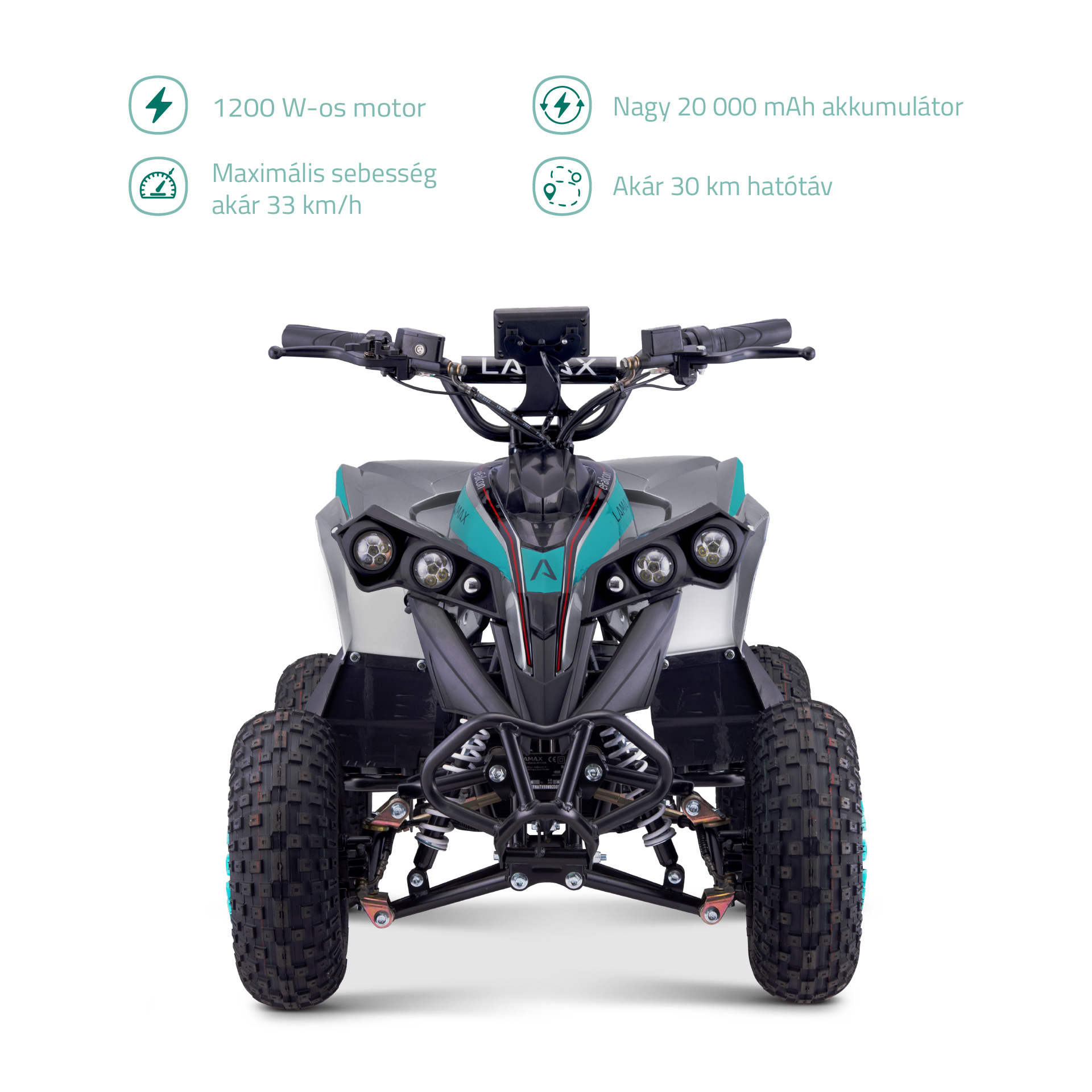 Egy ATV türkiz, szürke és fekete színben, négy kerékkel és fekete első lökhárítóval. Különböző teljesítményjelzőkkel.