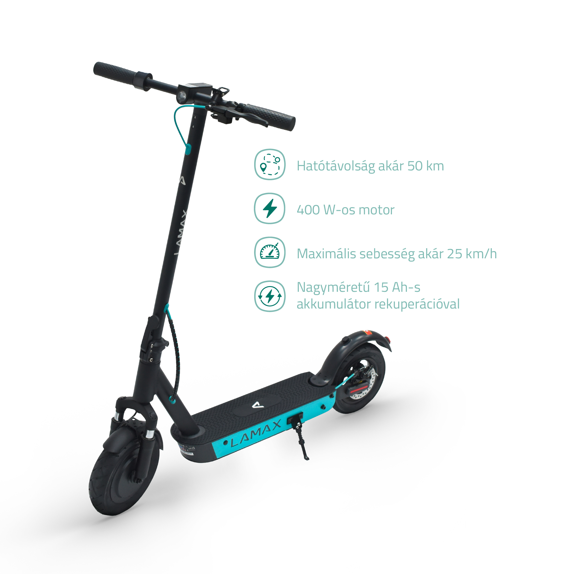 Fekete-kék elektromos robogó, szöveggel a specifikációkról és a funkciókról.