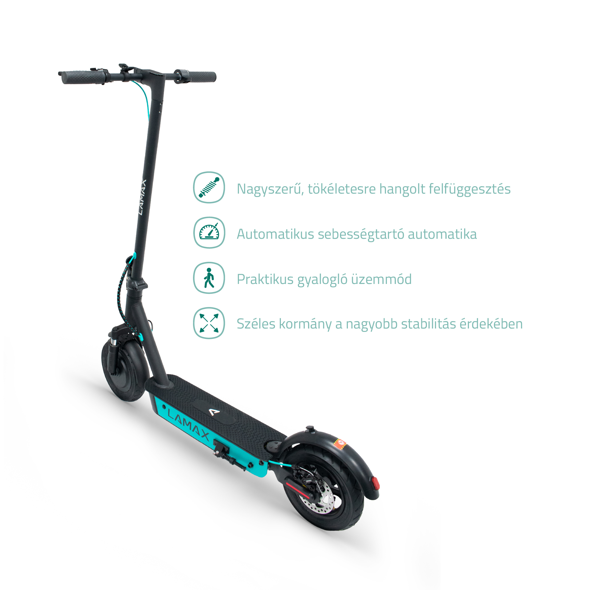 Fekete-türkiz elektromos roller fehér háttérrel, szöveges címkékkel a funkciókról.