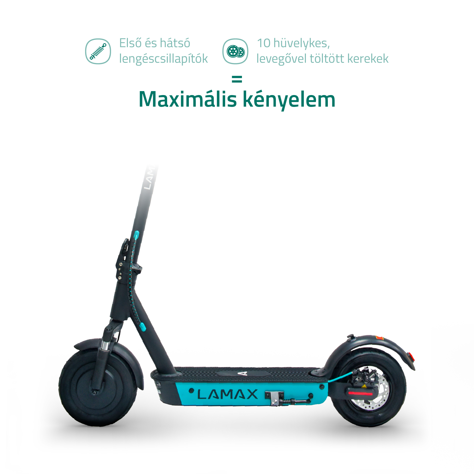 Fekete és kék elektromos robogó 'LAMAX' felirattal. Szöveg: 'Maximális kényelem'. Kerekek és felfüggesztés látható.