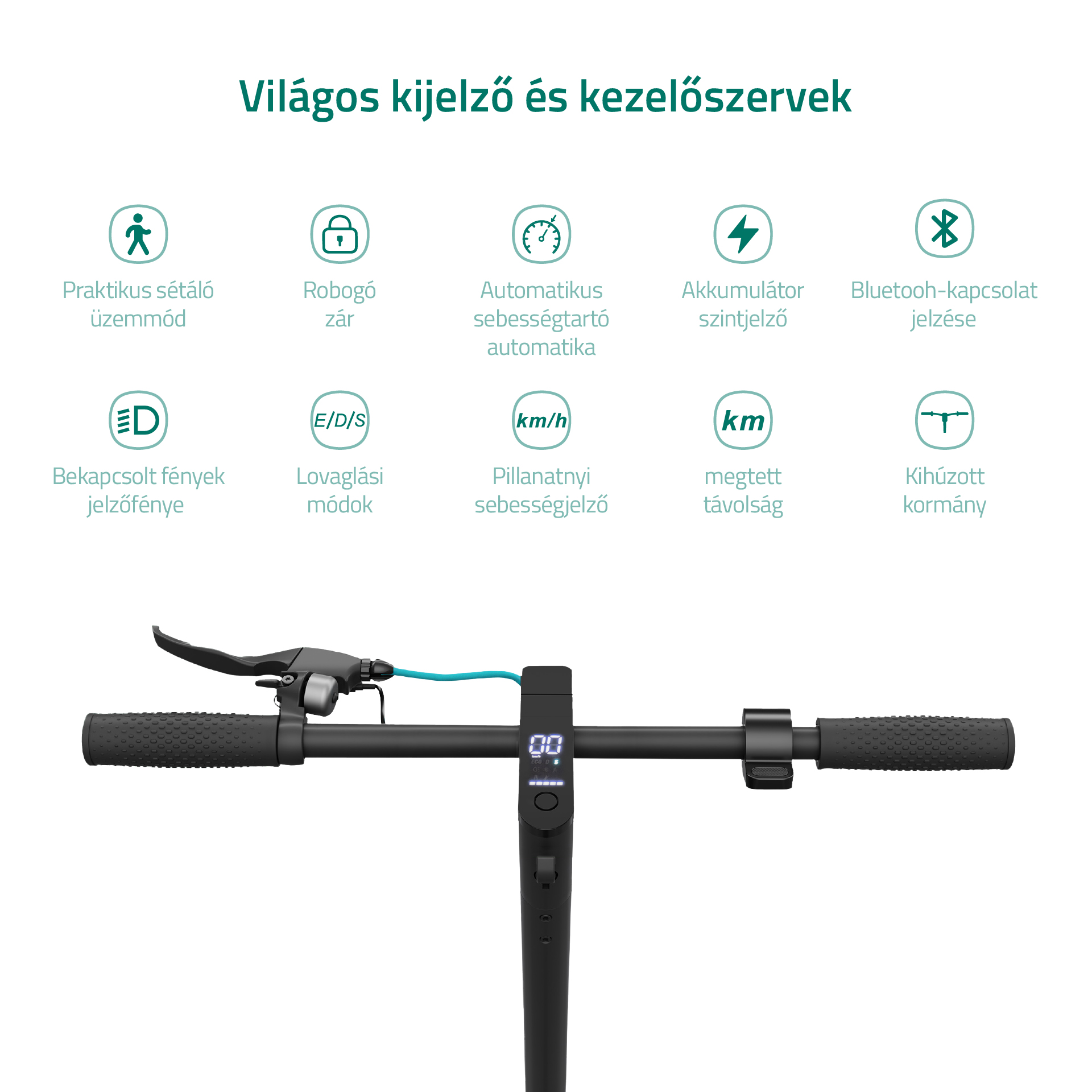 Elektromos robogó kormánya különböző vezérlőikonokkal és digitális kijelzővel. A robogó fekete.