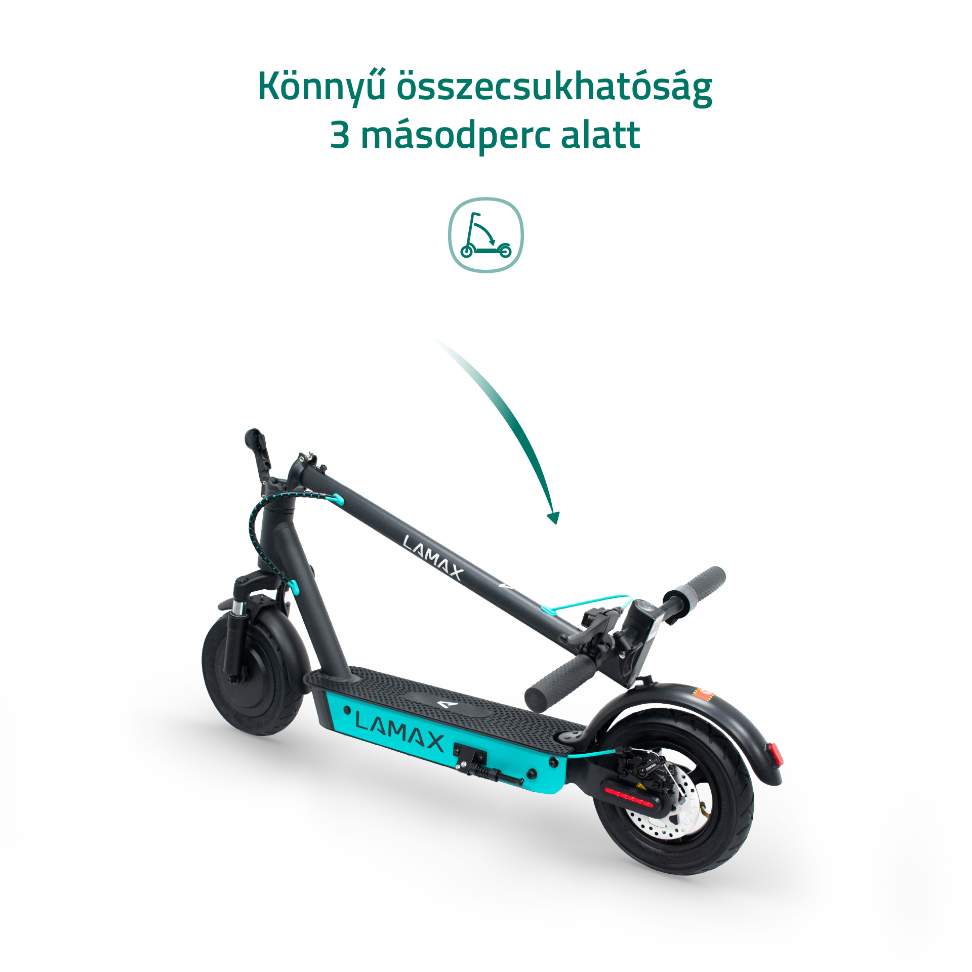 Fekete-türkiz összecsukható elektromos roller, 'LAMAX' felirattal.