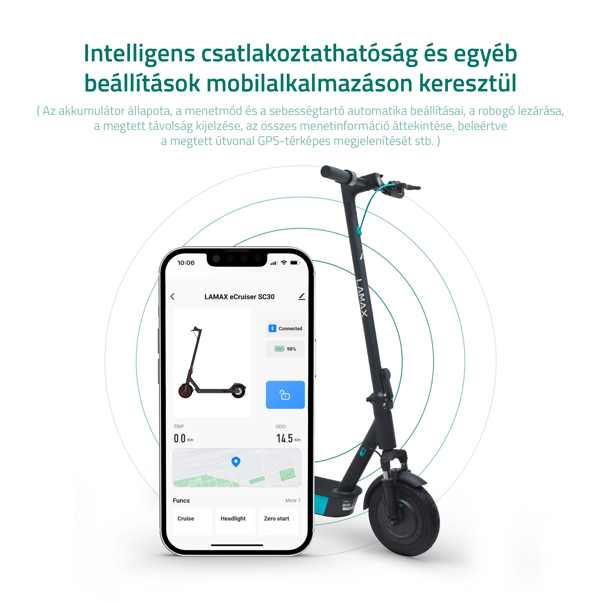 Egy okostelefon, amely térképet és robogót mutat a képernyőn. Egy robogó a jobb oldalon van.