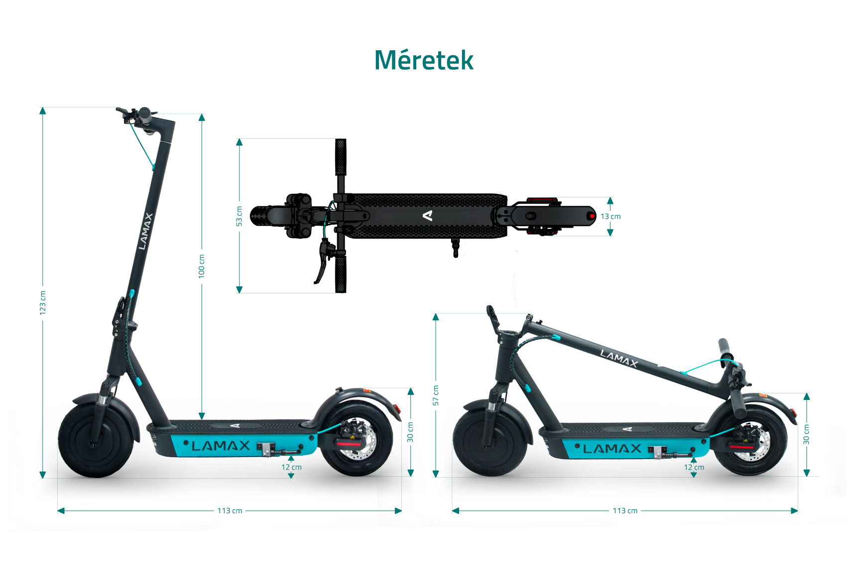 Elektromos roller három nézetben, méretcímkékkel.