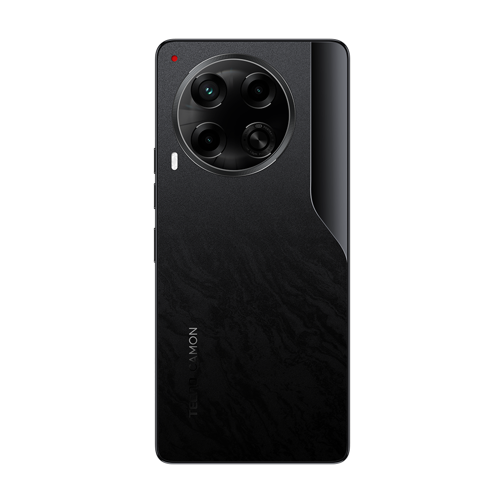 Büyük dairesel kamera dizisine ve Tecno Camon logosuna sahip siyah akıllı telefon.