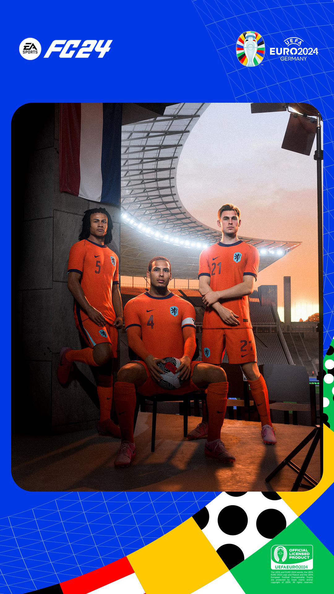 Drei niederländische Fußballspieler in orangefarbenen Trikots, EA FC24-Logo, Deutschland-Hintergrund.