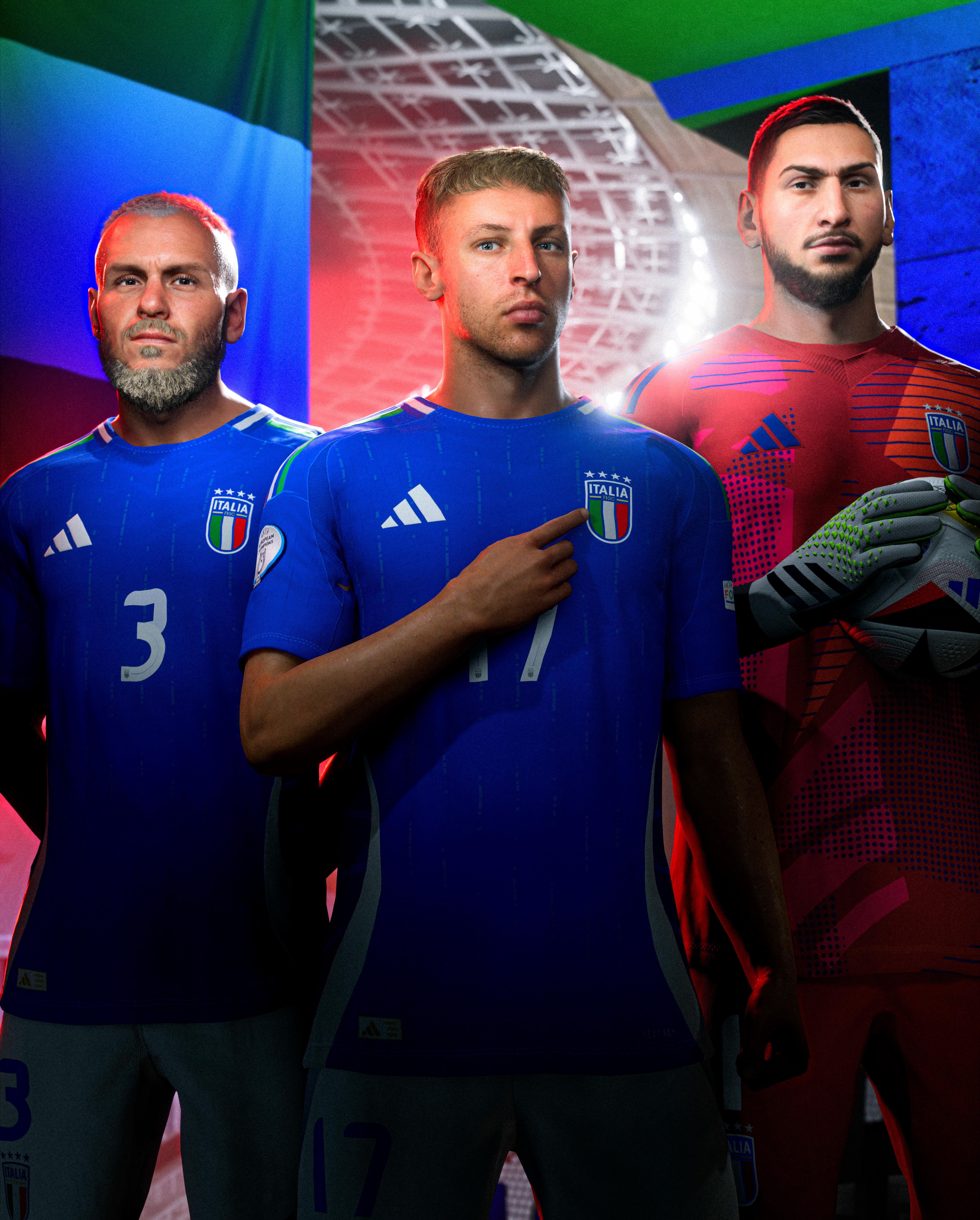 Drei Fußballspieler in blau-roten Trikots, die die italienische Nationalmannschaft repräsentieren.