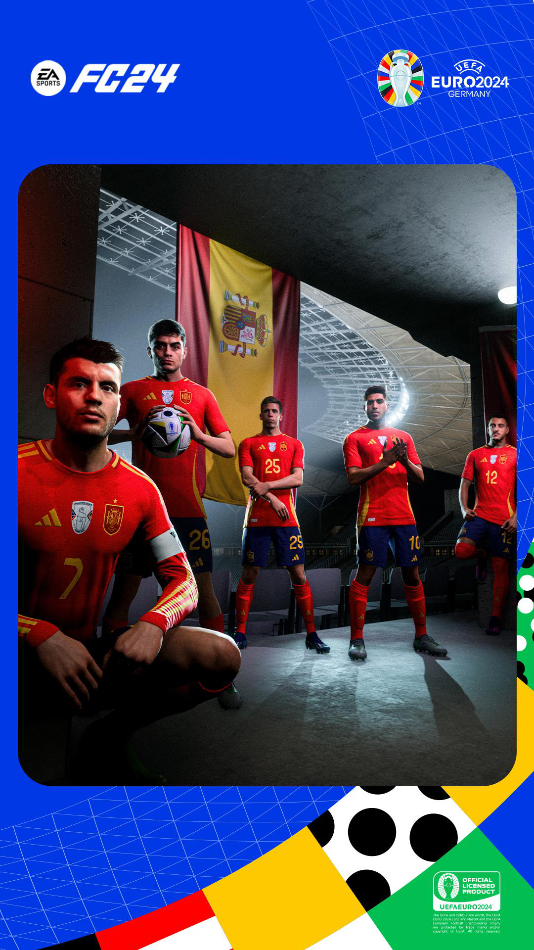 Gruppe spanischer Fußballspieler in roten Trikots, die für ein Werbebild posieren.