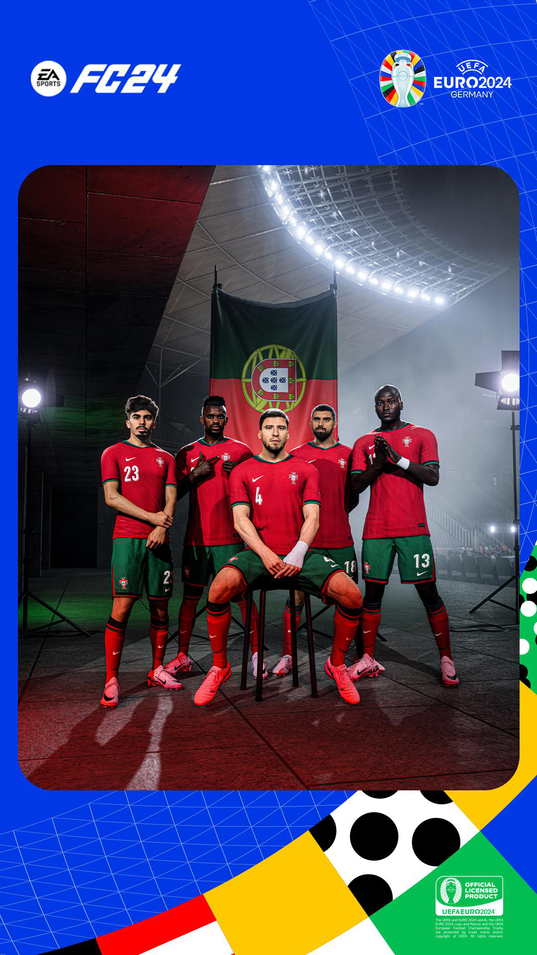 Ein Team von fünf Fußballspielern in roten Uniformen, posiert mit einer Fahne und einem Spiellogo.