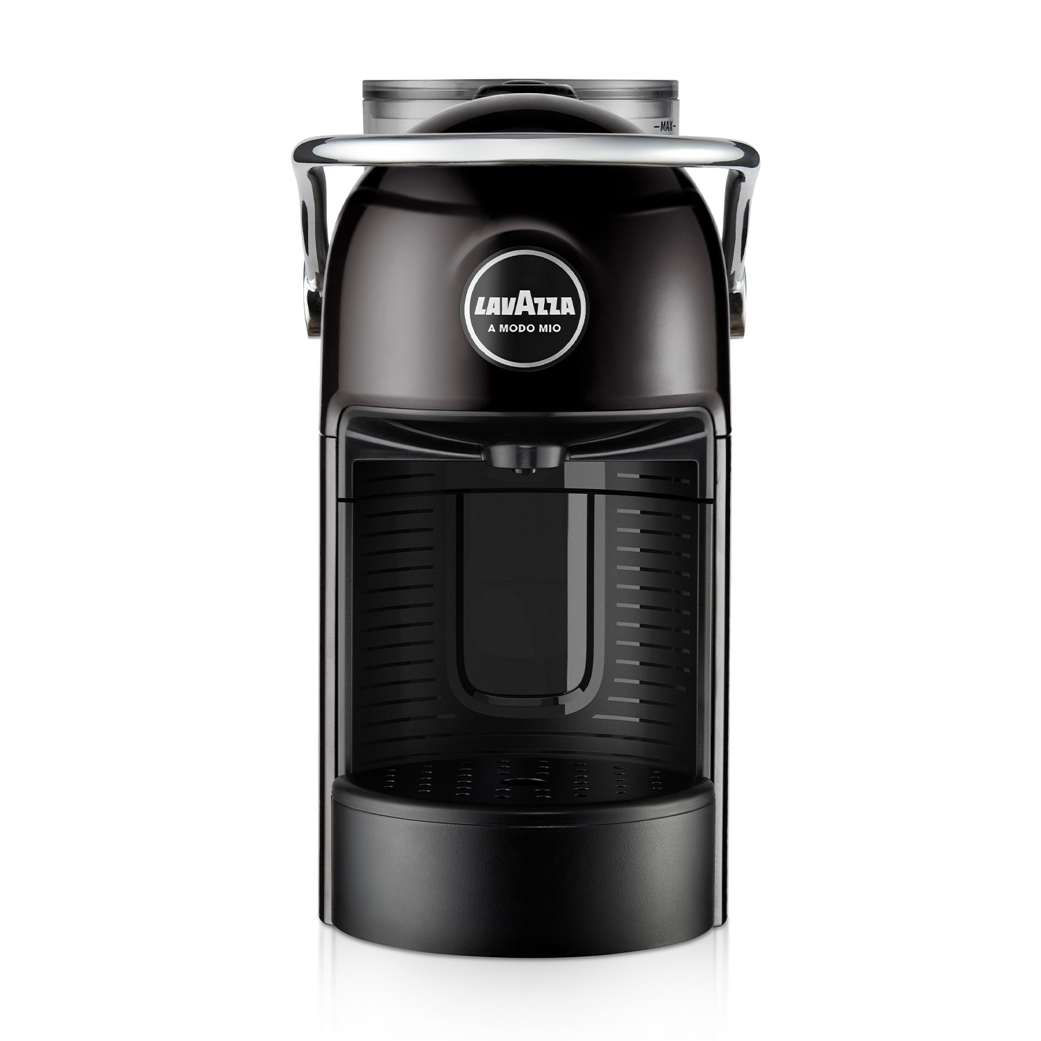 Macchina da caffè Lavazza A Modo Mio nera, vista frontale, sfondo bianco.