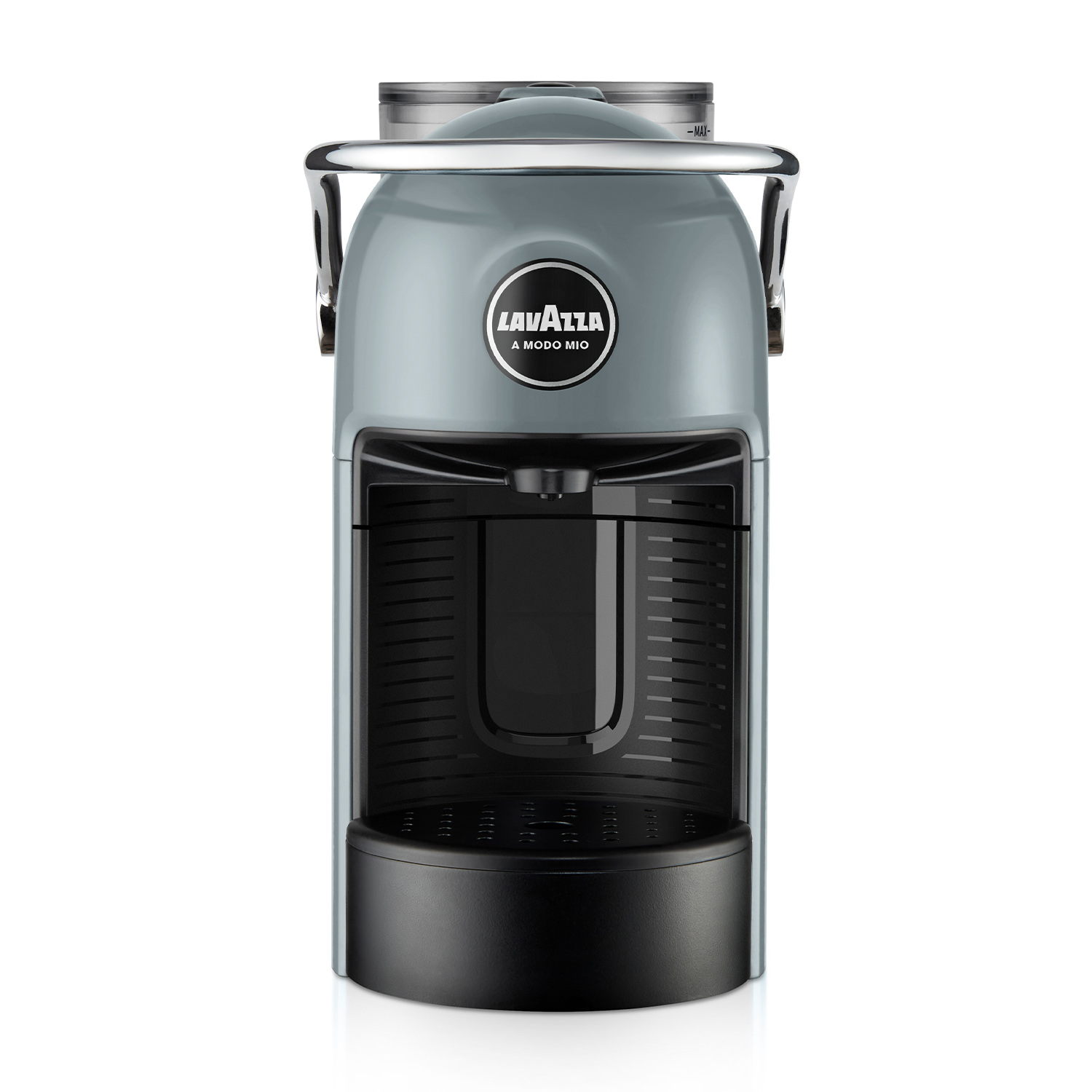 Macchina da caffè Lavazza A Modo Mio grigia e nera, isolata su sfondo bianco.