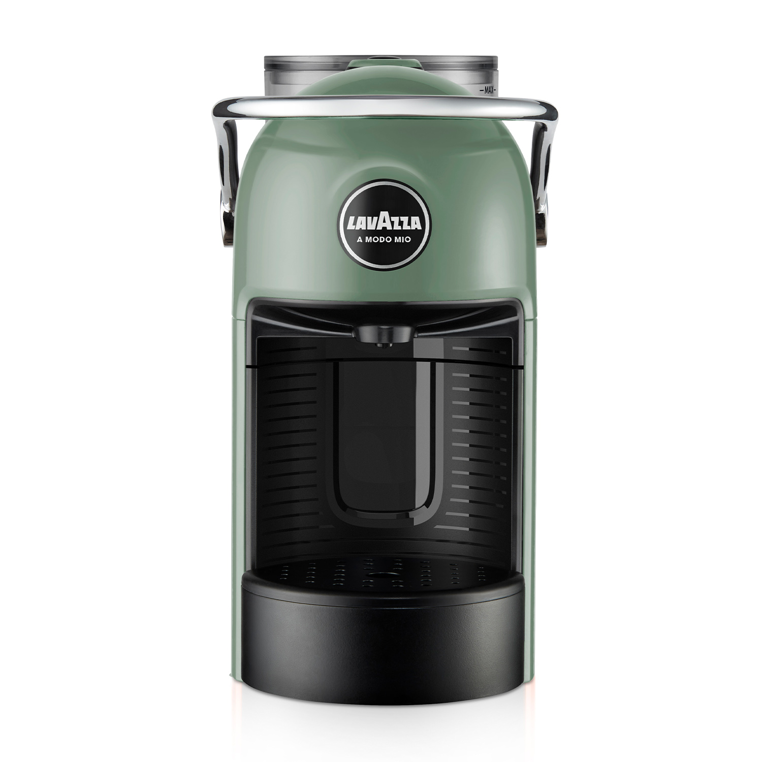 Macchina da caffè Lavazza verde e nera. La macchina ha una maniglia e una base nera.